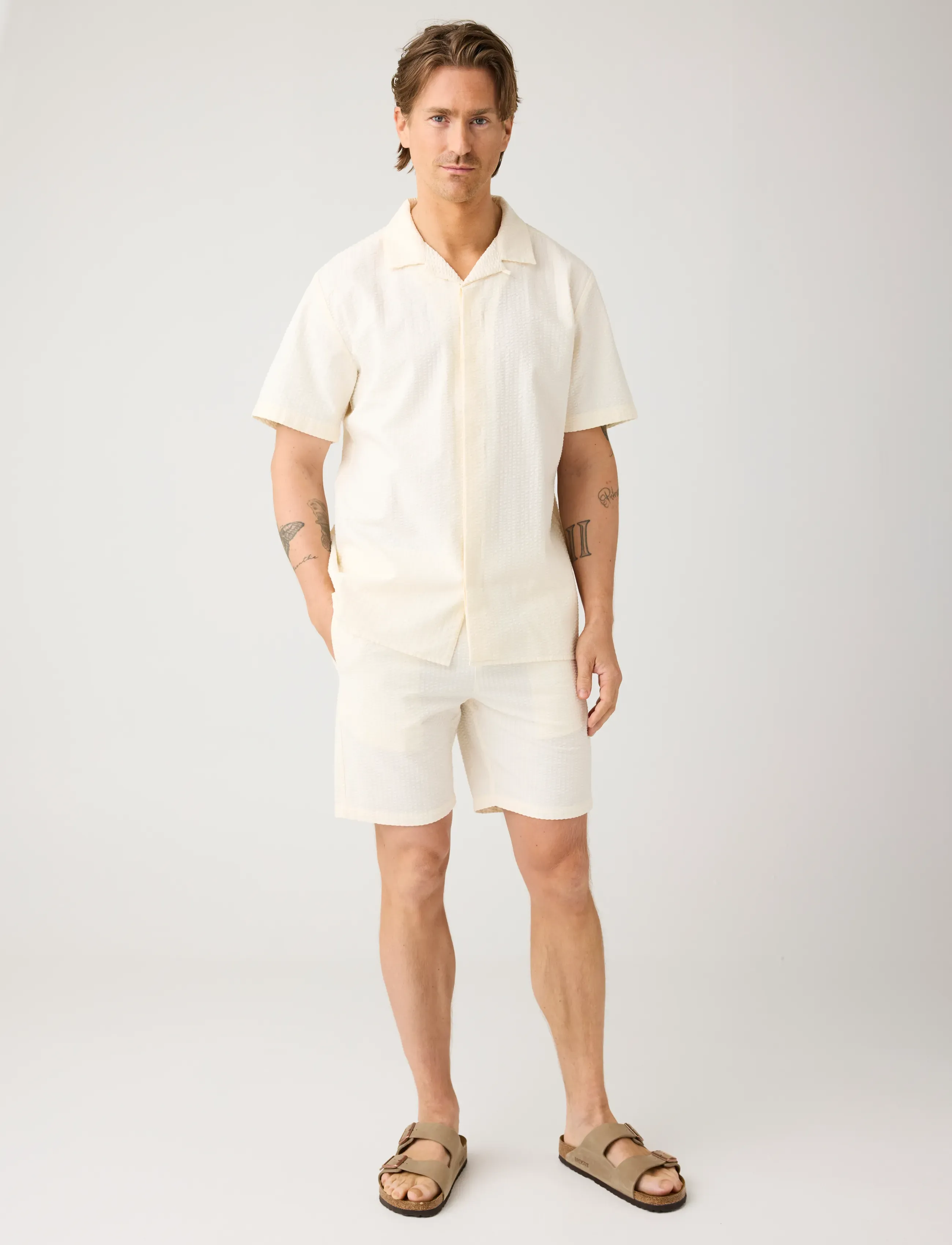 Knowledge Cotton Apparel Fig Loose Seersucker Shorts, L, Creme - Casual Männerswear