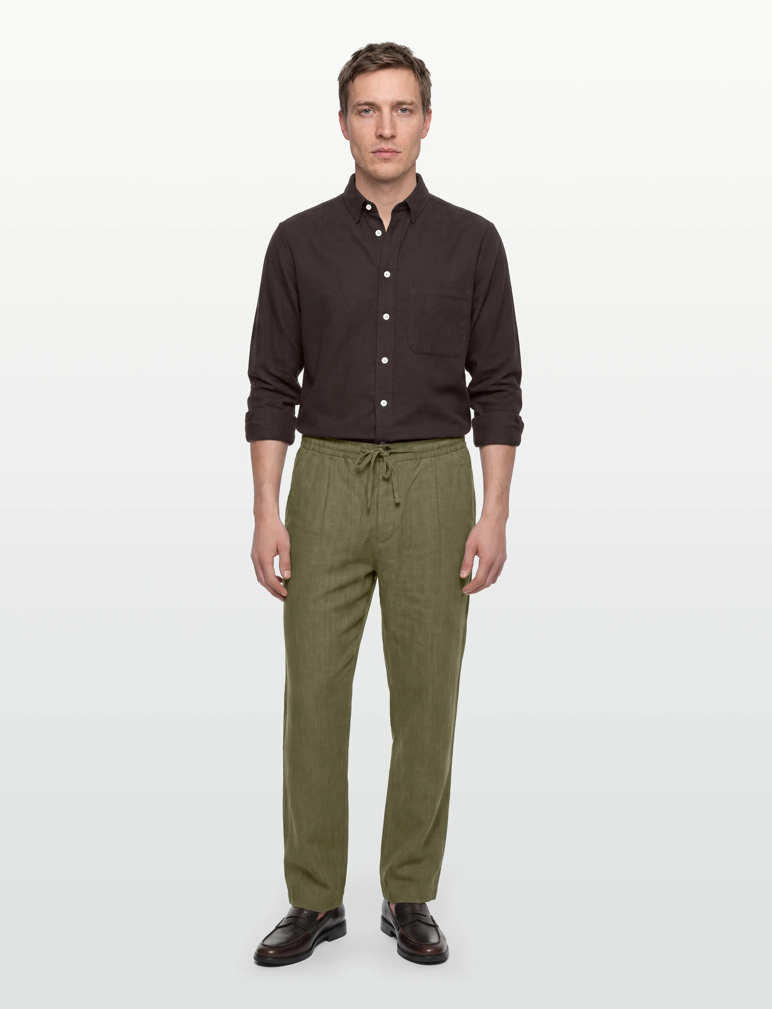 Knowledge Cotton Apparel Fig Loose Linen-Mix Pants, Mænd, Løse Snøre Bukser, Kakigrøn, Str: L