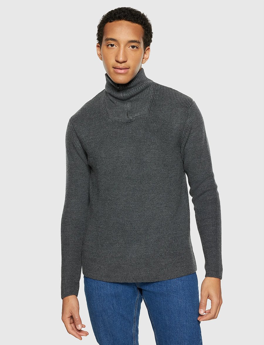 Knowledge Cotton Apparel - Merino half zip sweater - half zip jumpers - dark grey melange - 0