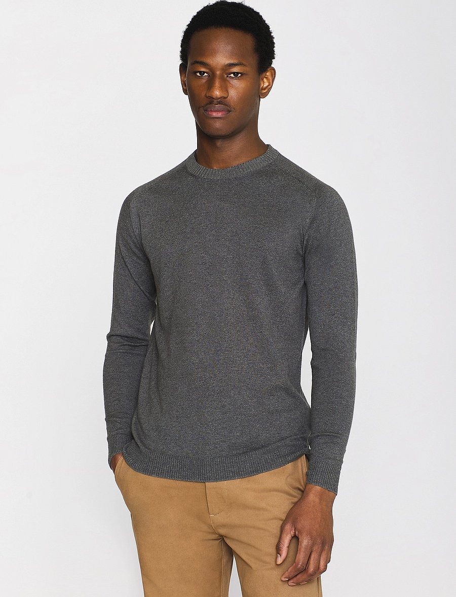 Knowledge Cotton Apparel - Merino crew neck sweater - round necks - dark grey melange - 0