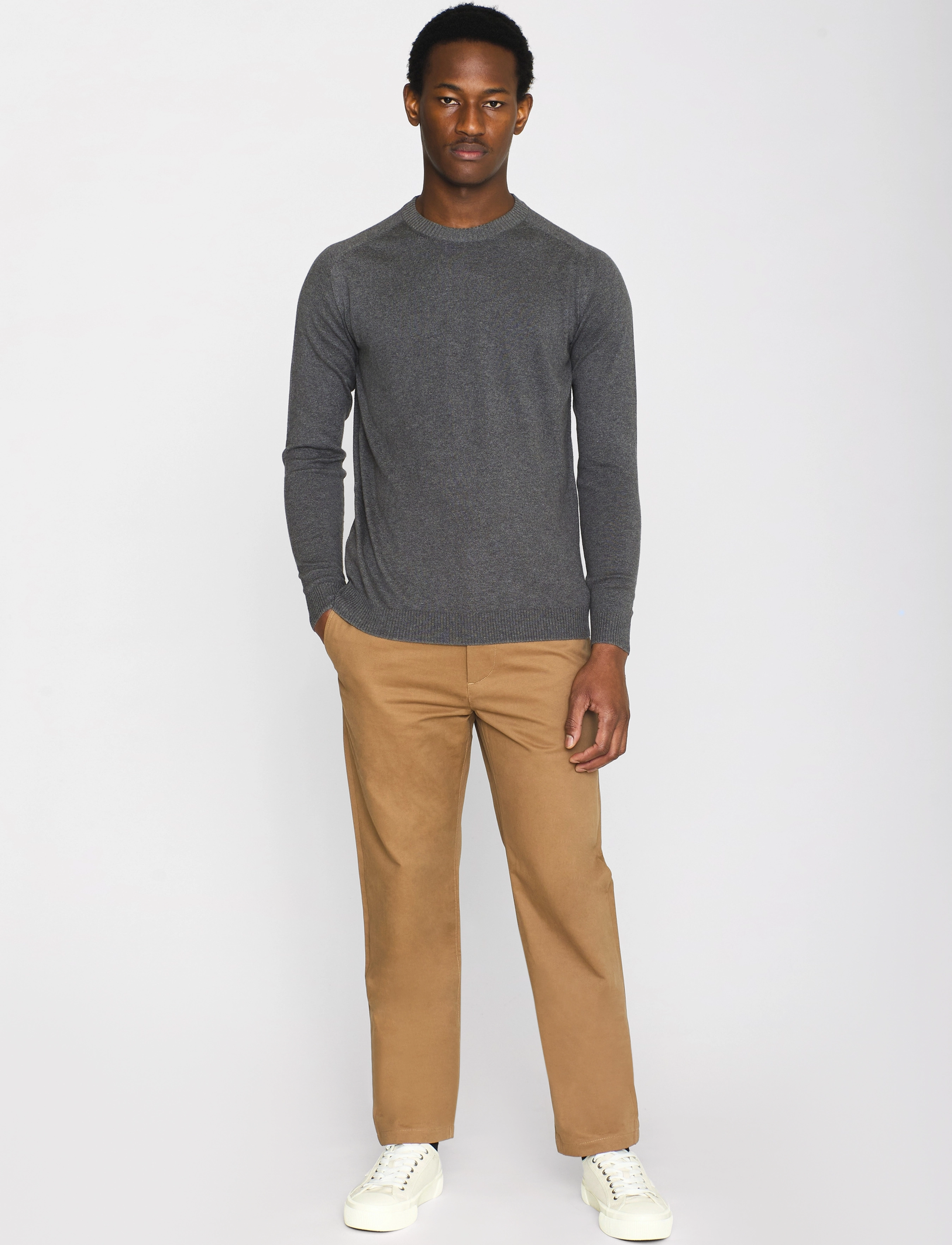 Knowledge Cotton Apparel - Merino crew neck sweater - round necks - dark grey melange - 4