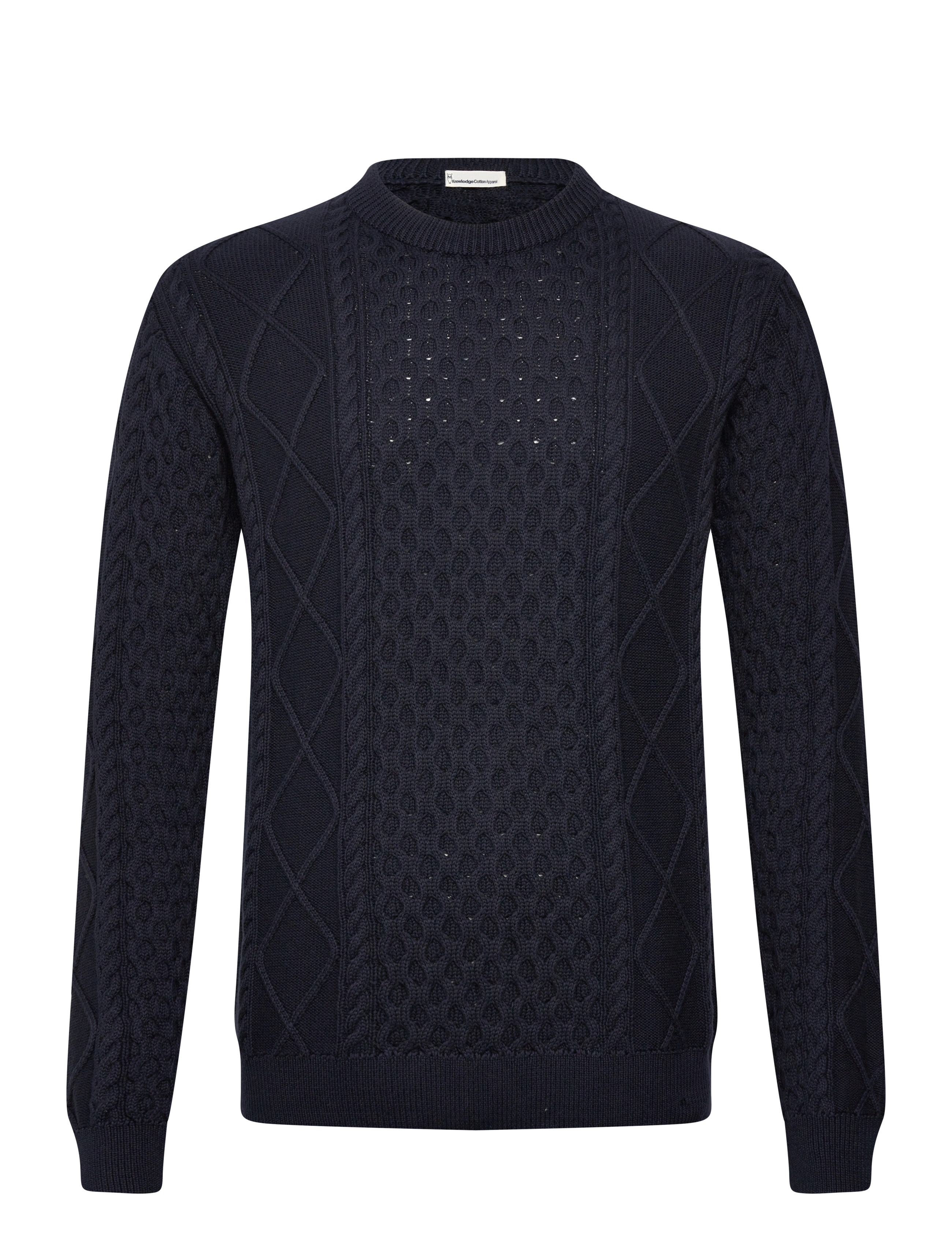 Knowledge Cotton Apparel Organic Cotton Cable Knit - Regener, M, Navy, Strik > Runde Halse, Herre