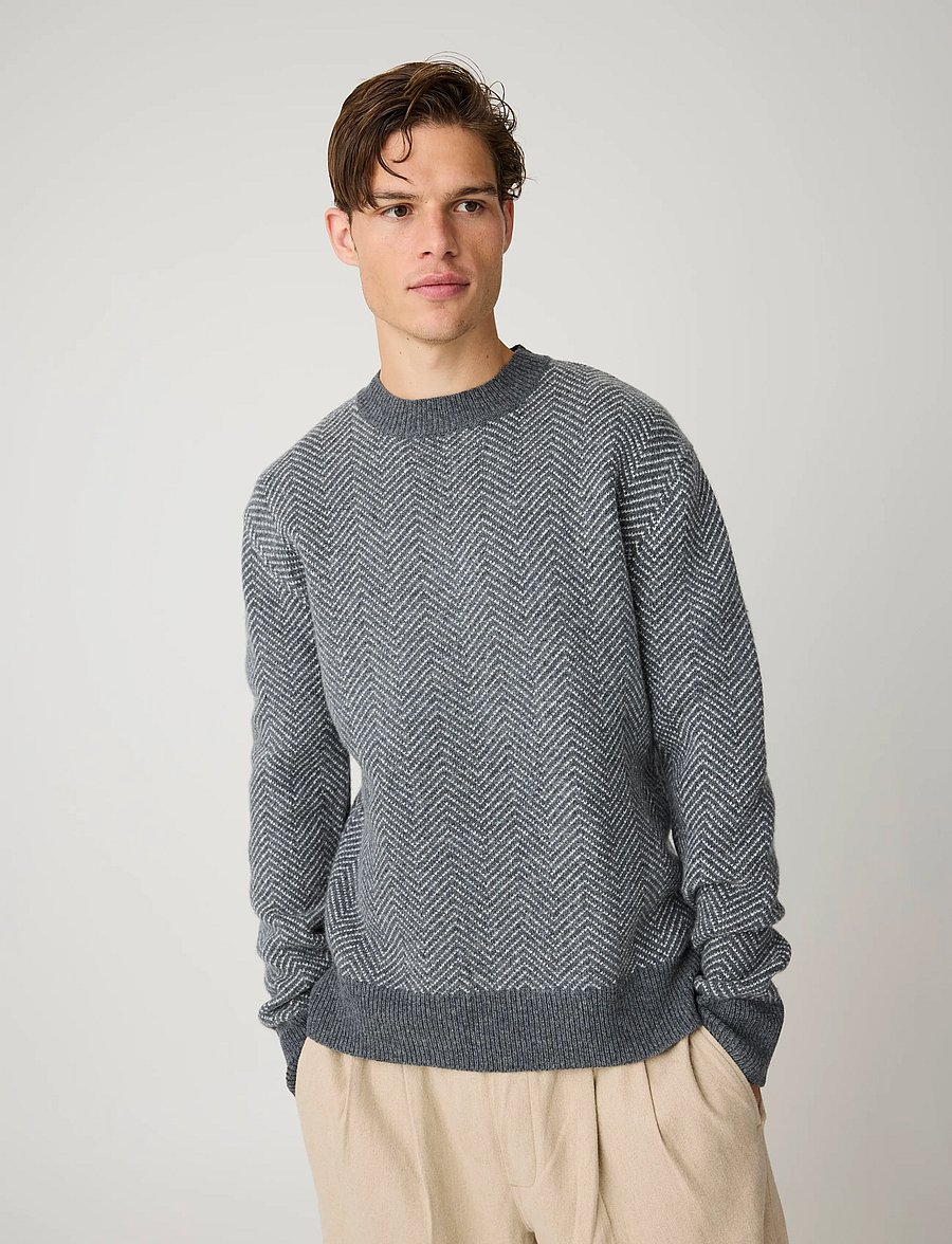 Knowledge Cotton Apparel - Lambswool jacquard sweater - Ümara kaelusega - dark grey melange - 0