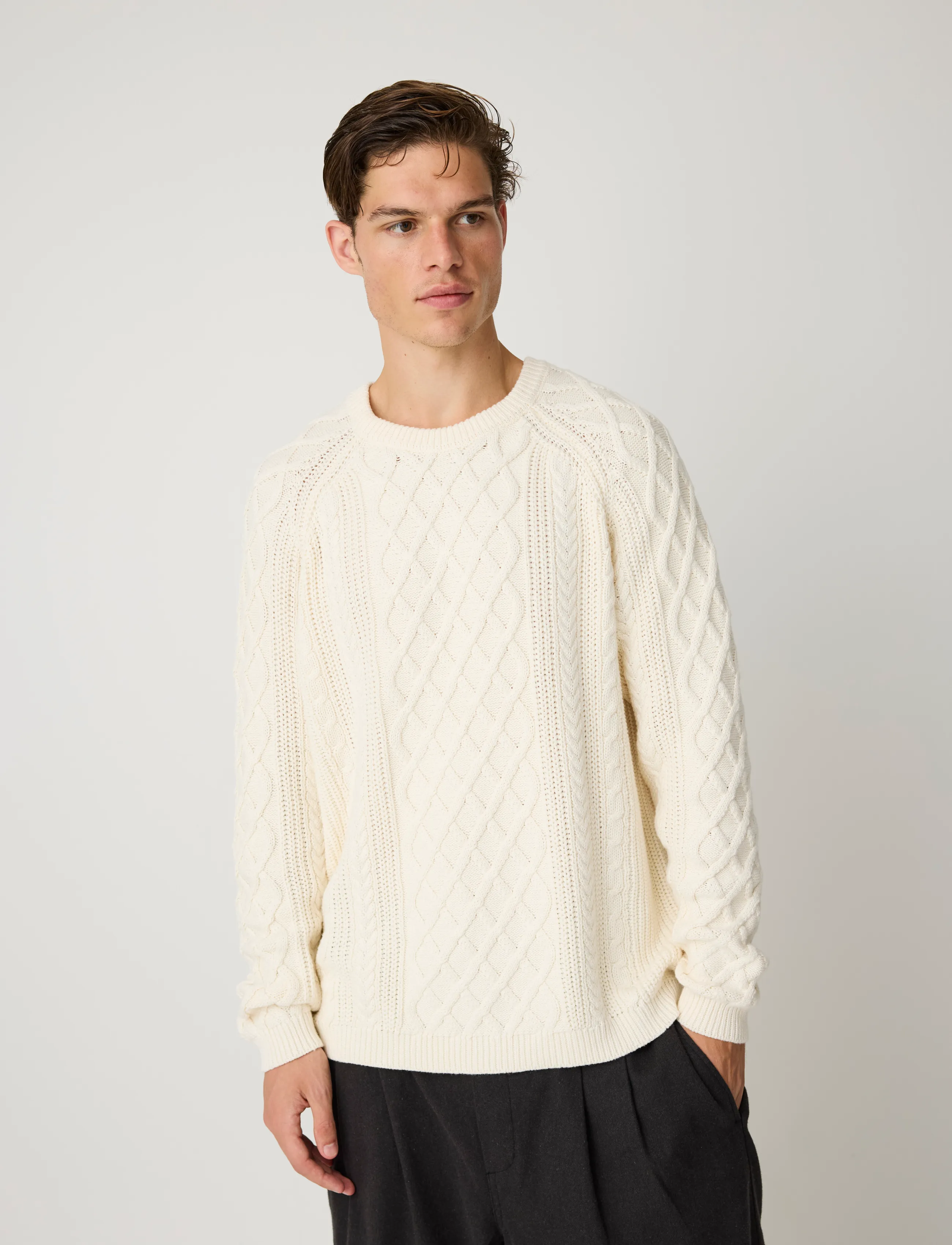 Knowledge Cotton Apparel Cable Knit Sweater, Herren, Zopfstrickpullover, Creme, Gr.XL