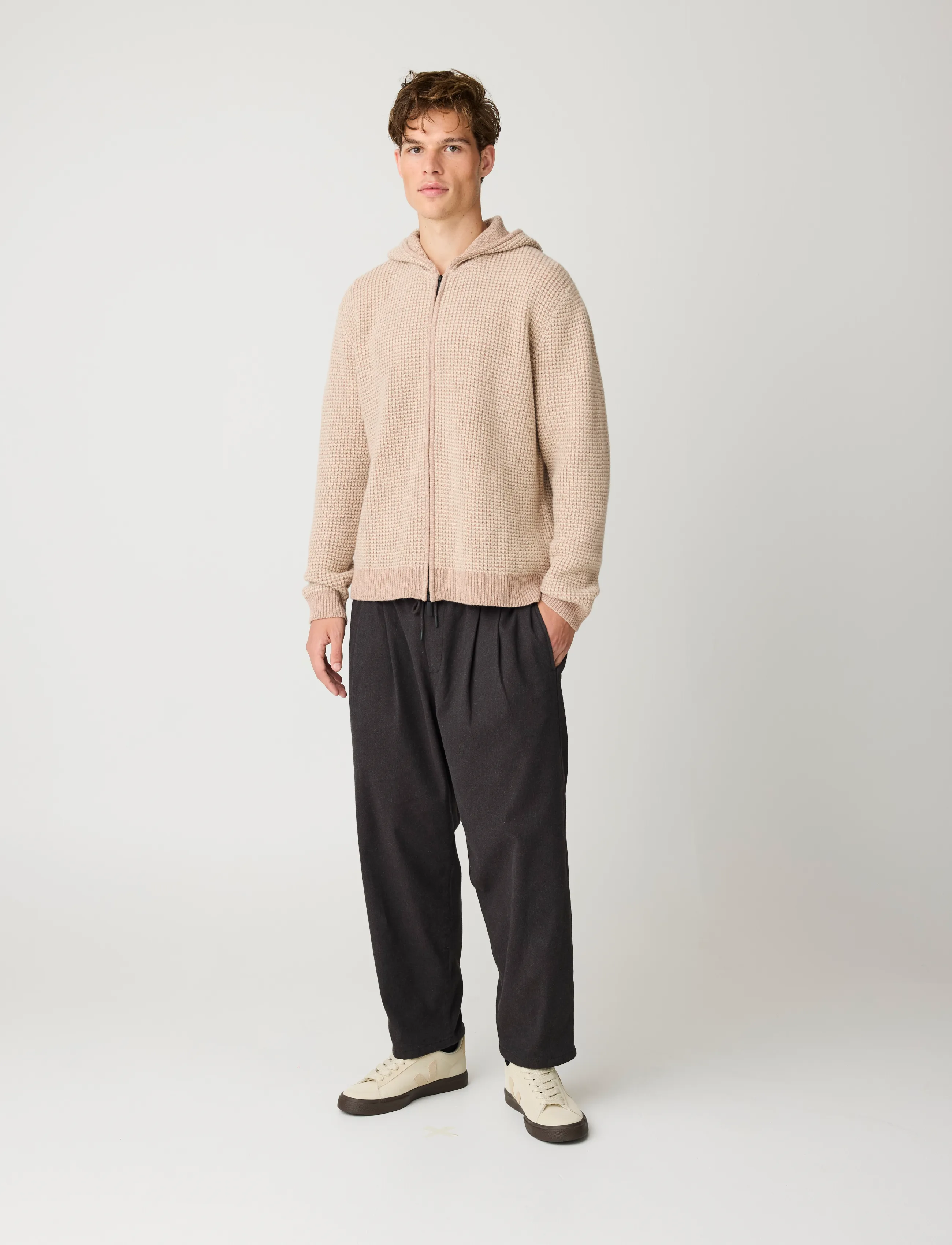 Knowledge Cotton Apparel Lambswool zip hoodie - Strik - KELP MELANGE / beige