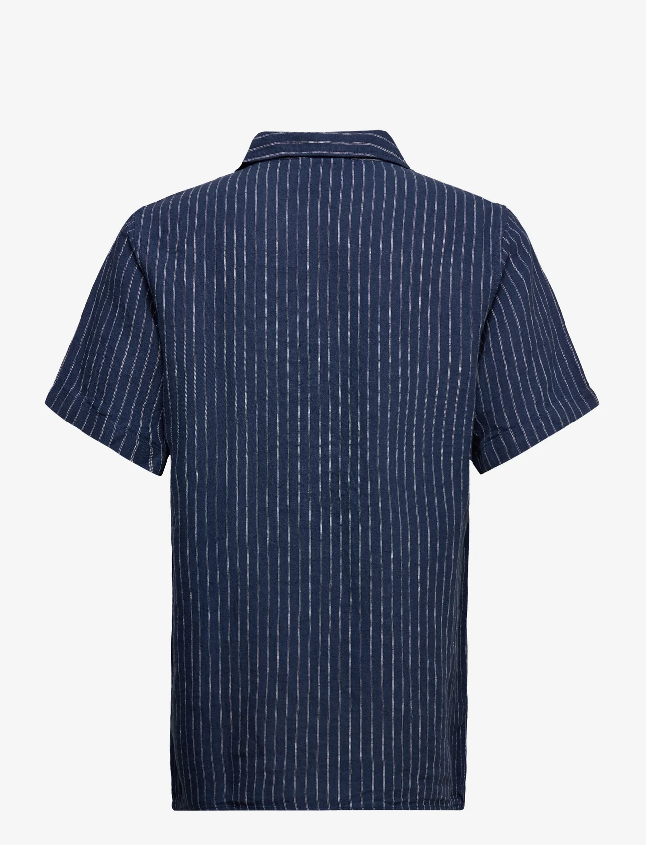 Knowledge Cotton Apparel - Box fit short sleeved striped linen - pellavakauluspaidat - stripe - blue - 1