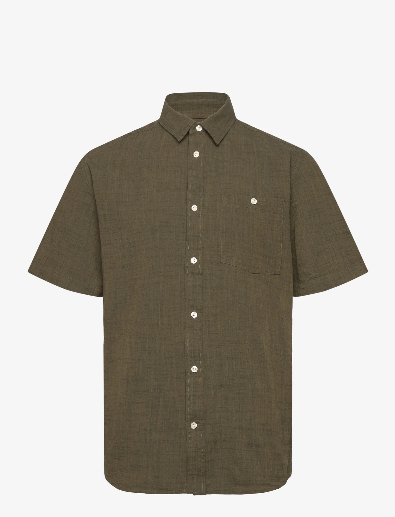 Knowledge Cotton Apparel - Regular linen look short sleeve shi - kortærmede t-shirts - burned olive - 0