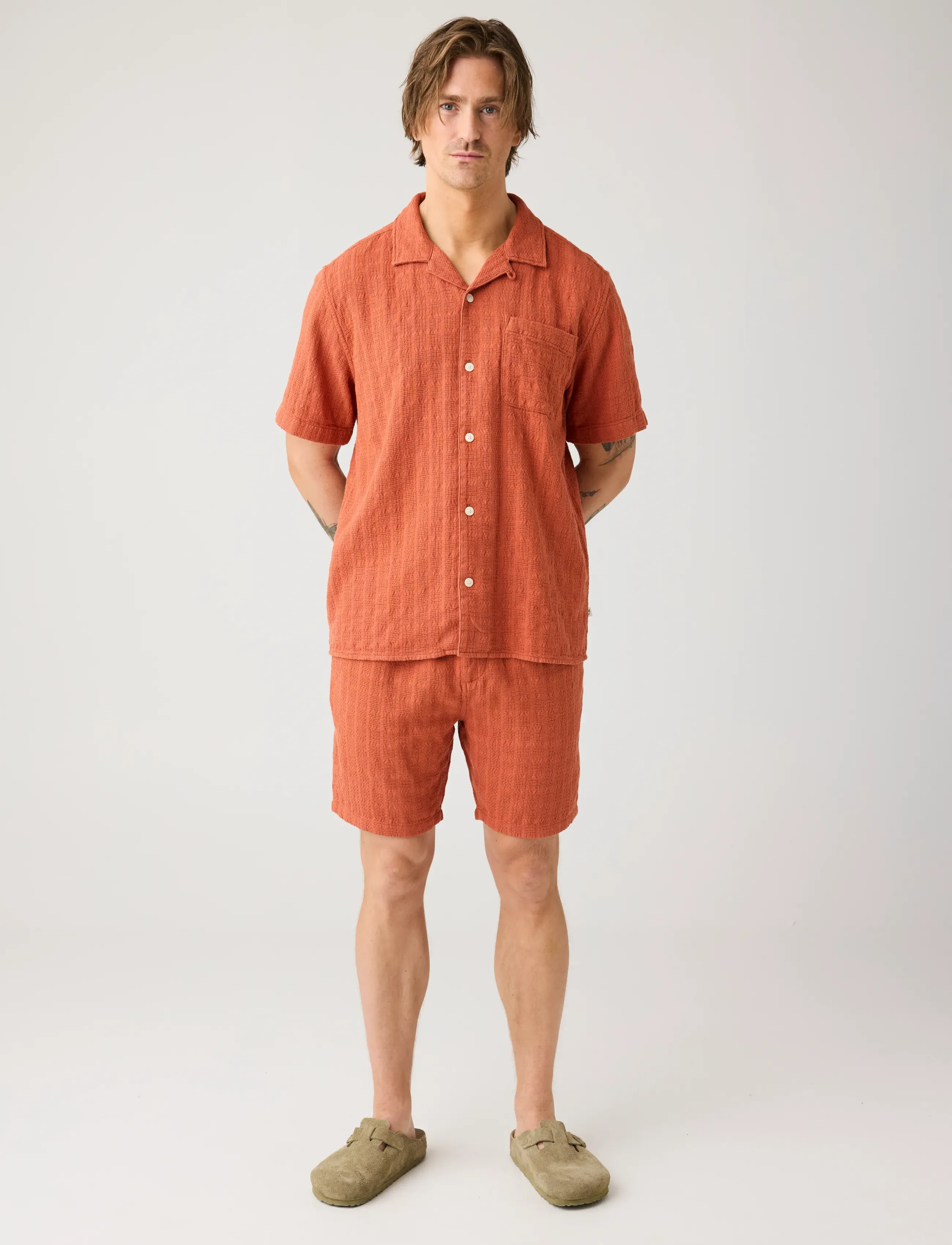 Knowledge Cotton Apparel Structure Short Sleeve Shirt, L, Orange, Skjorter > Kortærmede Shirts, Herre