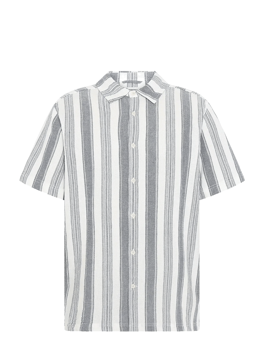 Knowledge Cotton Apparel - Relaxed Stripe short sleeve shirt - kortärmade skjortor - blue stripe - 1