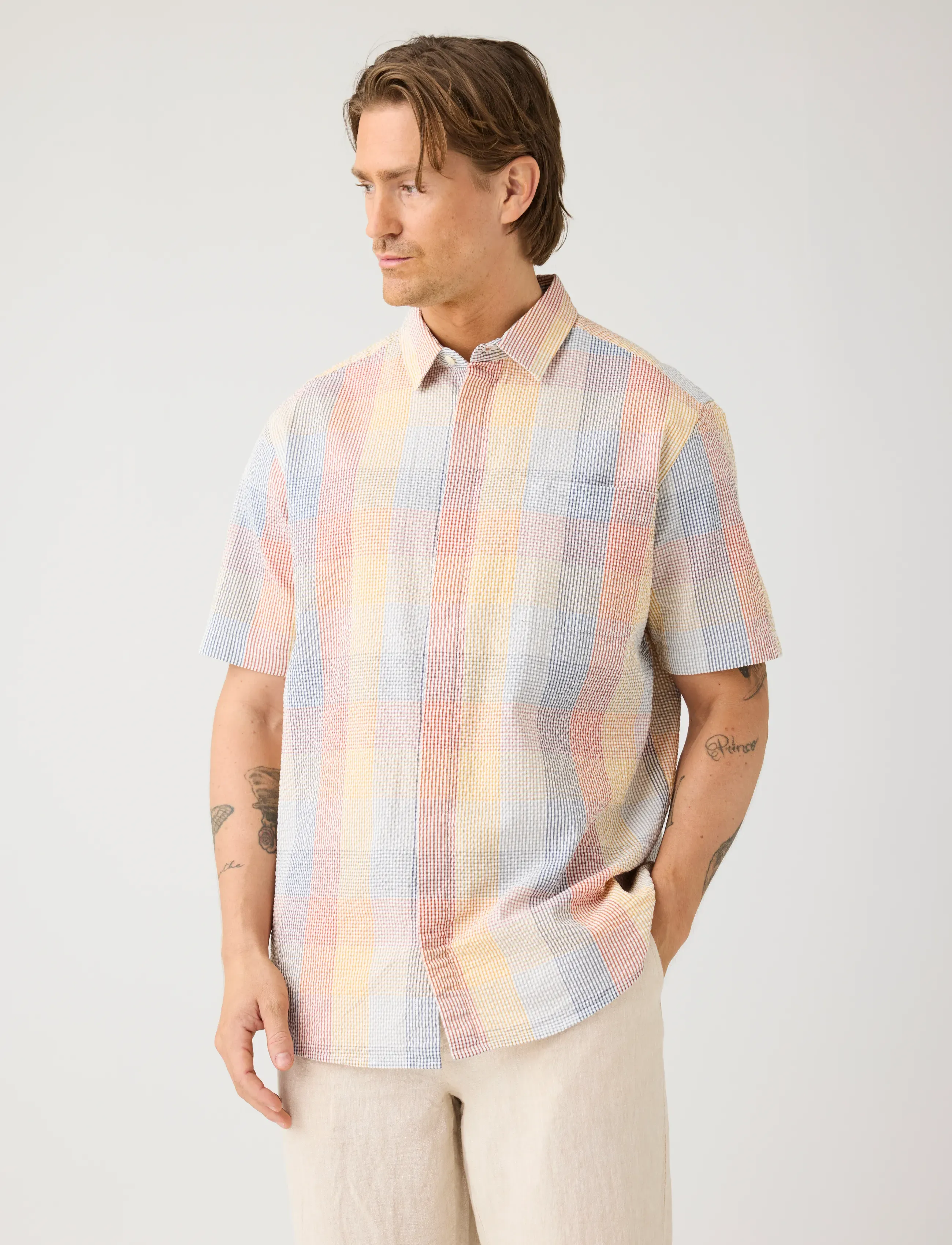 Knowledge Cotton Apparel Relaxed seersucker short sleeve shi - Deals - MULTI CHECK / multi