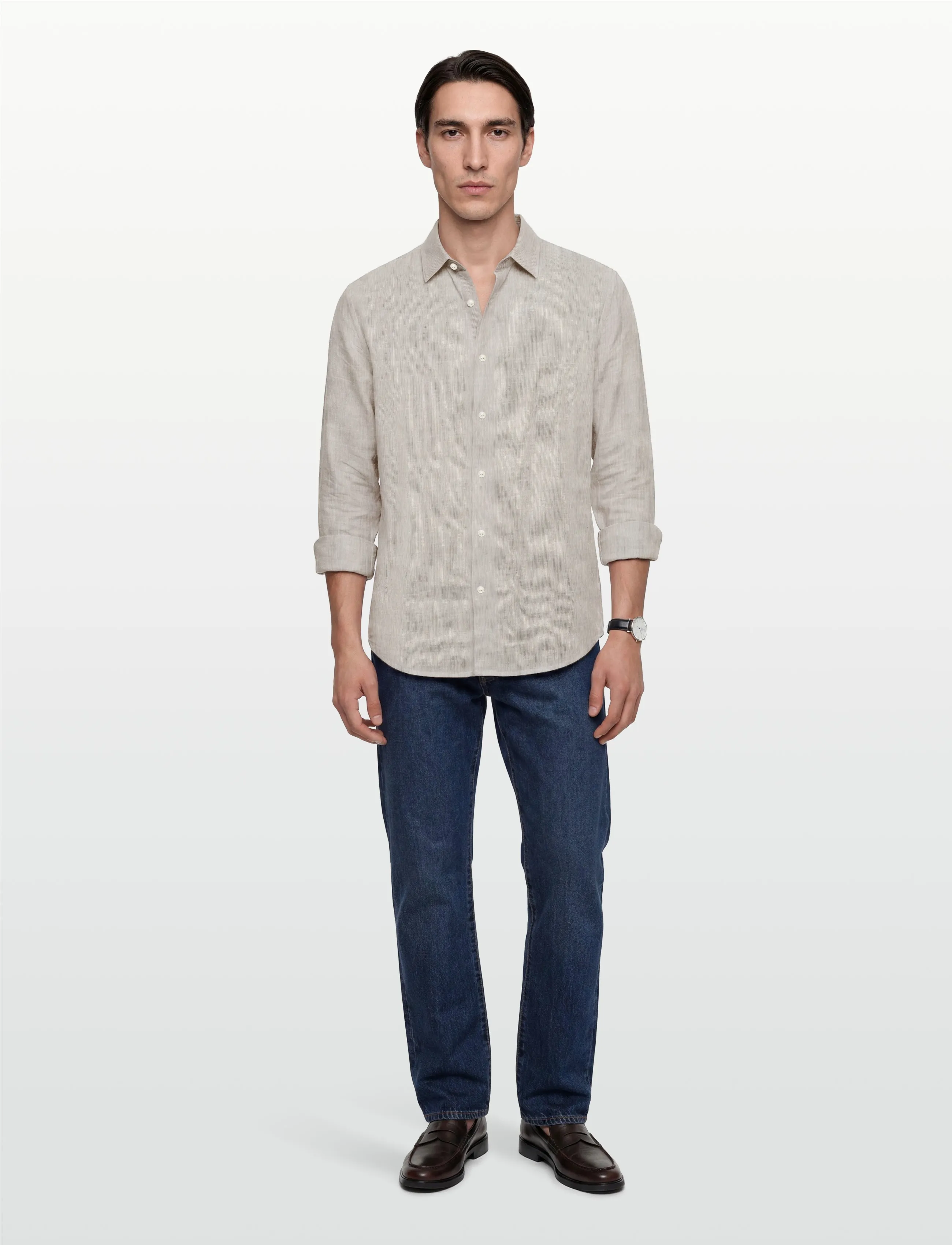 Knowledge Cotton Apparel Dune regular stripe shirt - Dryžuoti marškiniai - GREEN STRIPE / beige