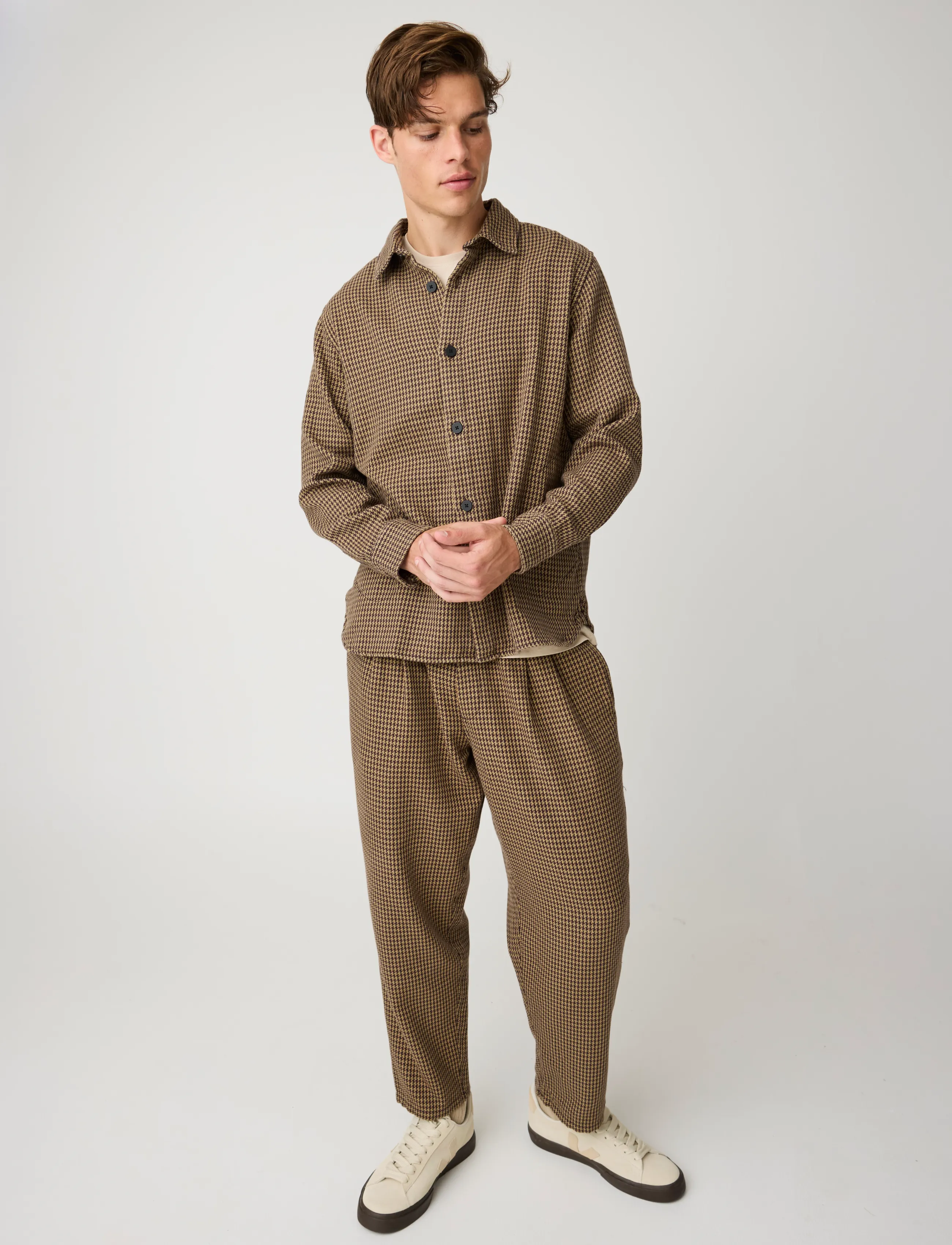Knowledge Cotton Apparel Loose houndtooth overshirt - Säsongens färger - DARK BROWN CHECK / brown