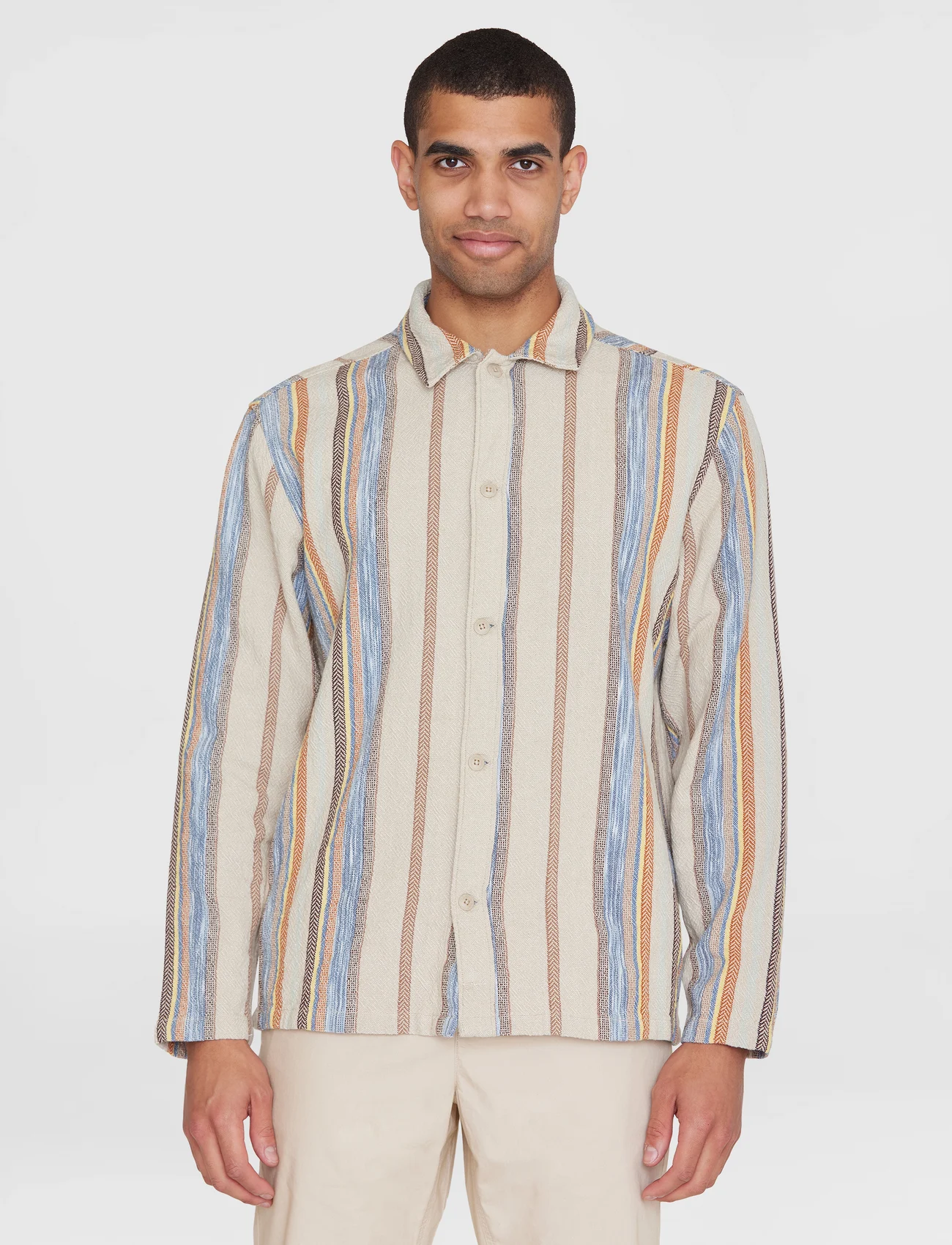 Knowledge Cotton Apparel - Regular woven striped overshirt - G - overshirts - beige stripe - 0