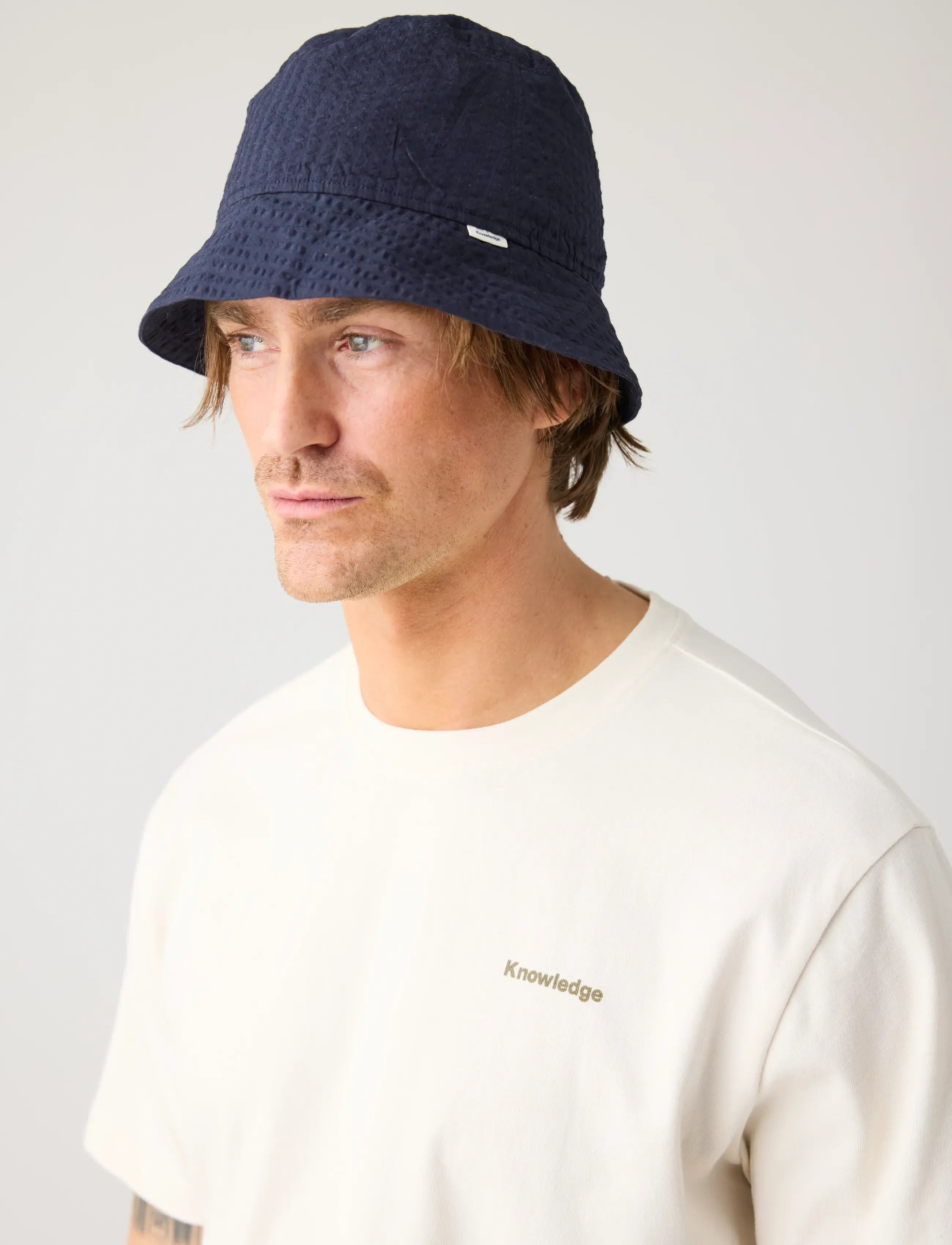 Knowledge Cotton Apparel Seersucker Bucket Hat, S/M, Headwear, Marineblau - Hats, Männerswear