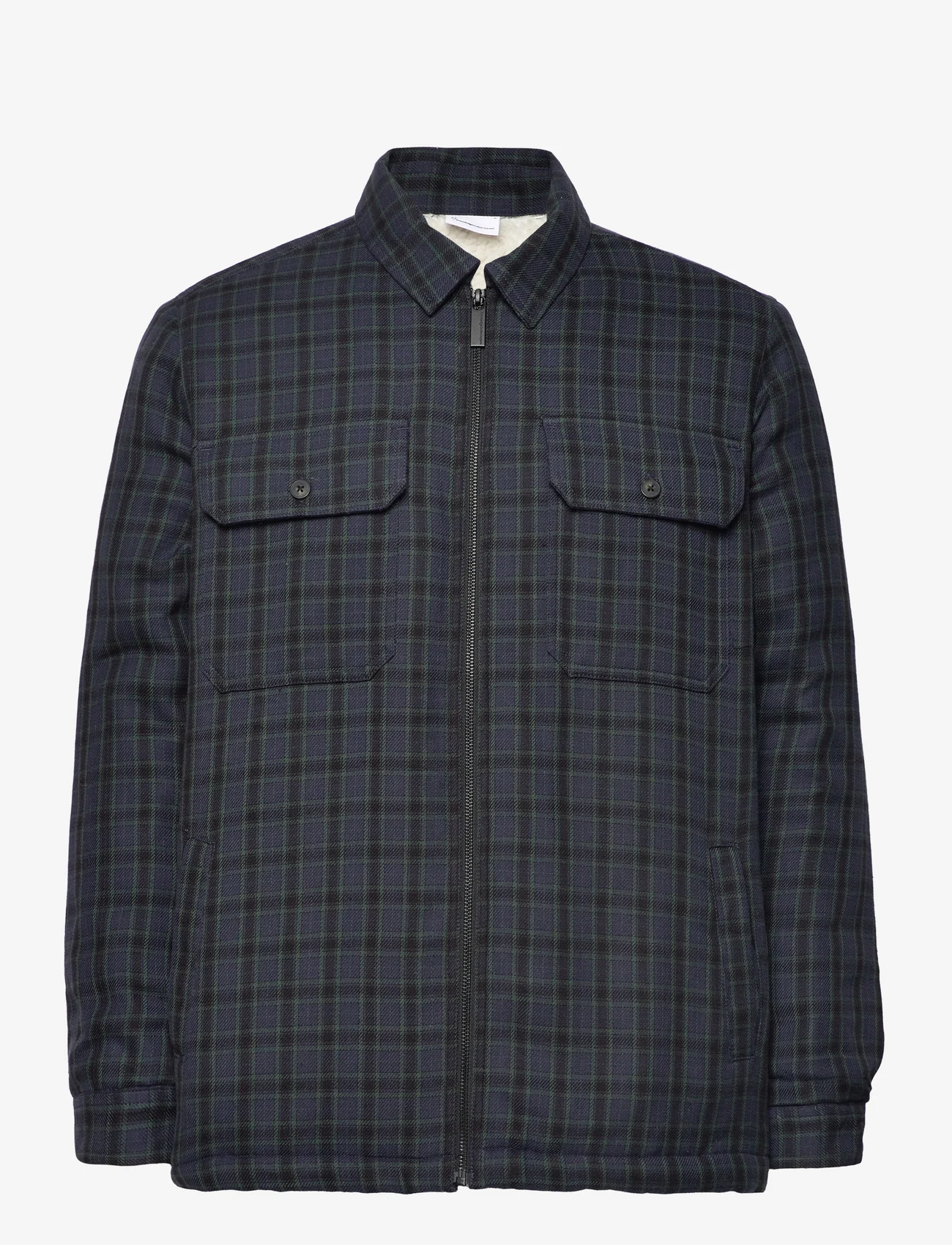 Knowledge Cotton Apparel - Teddy lining checked overshirt - OC - mænd - trekking green - 0