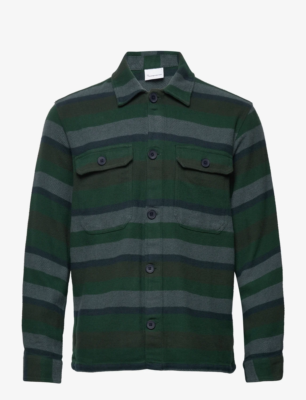 Knowledge Cotton Apparel - Heavy flannel striped overshirt - G - trekking green - 0