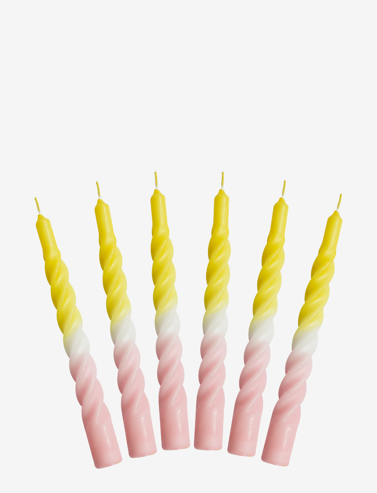 Kunstindustrien - Twisted Candles, 6 piece box, multi colored - de laveste prisene - yellow and pink with a white belt - 0