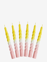Twisted Candles, 6 piece box, multi colored - YELLOW AND PINK WITH A WHITE BELT
