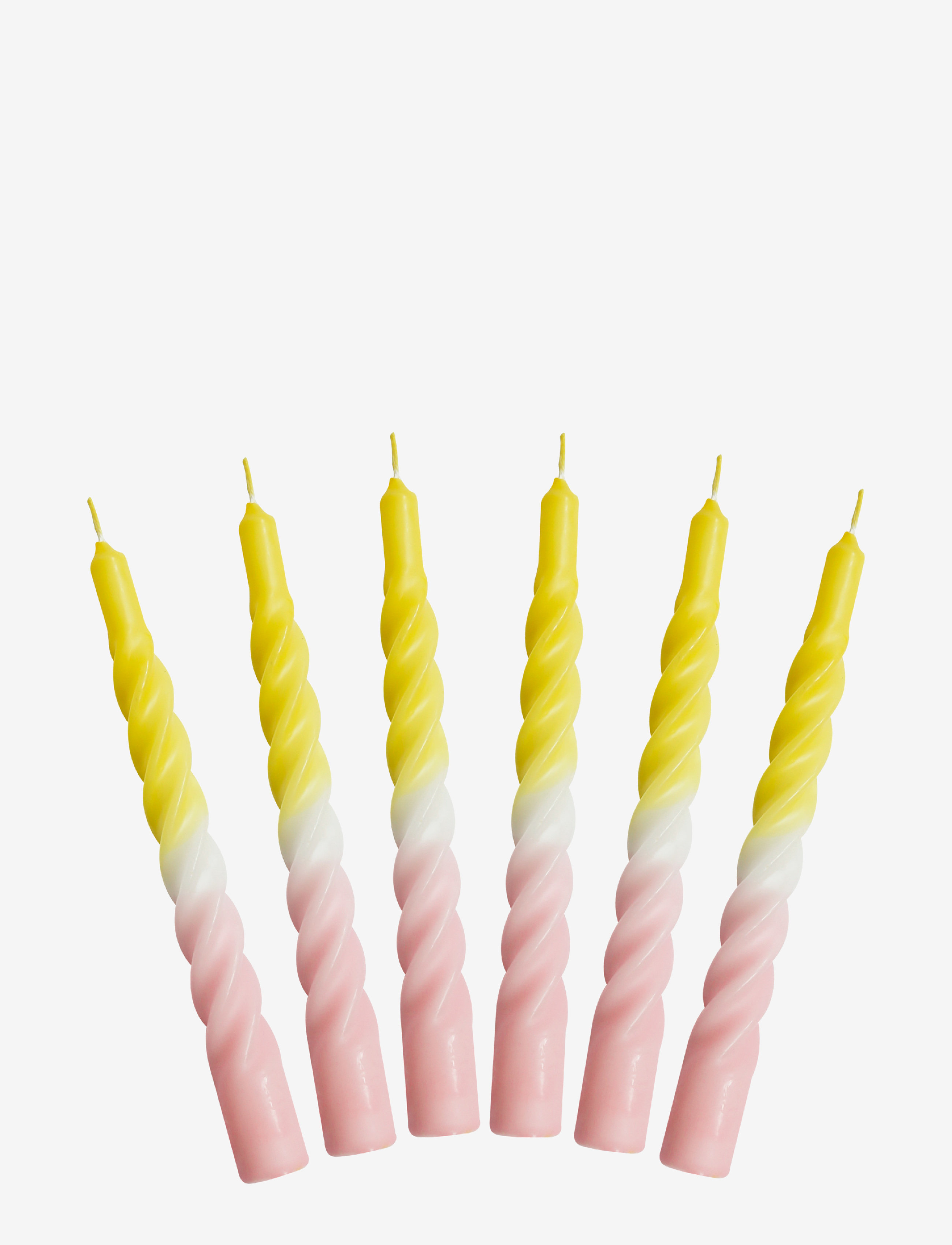 Twisted Candles, 6 piece box, multi colored - YELLOW AND PINK WITH A WHITE BELT