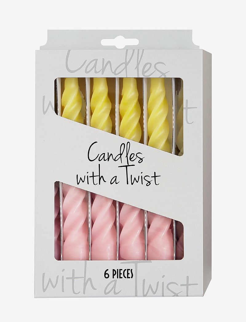 Kunstindustrien - Twisted Candles, 6 piece box, multi colored - nach preis einkaufen - yellow and pink with a white belt - 1