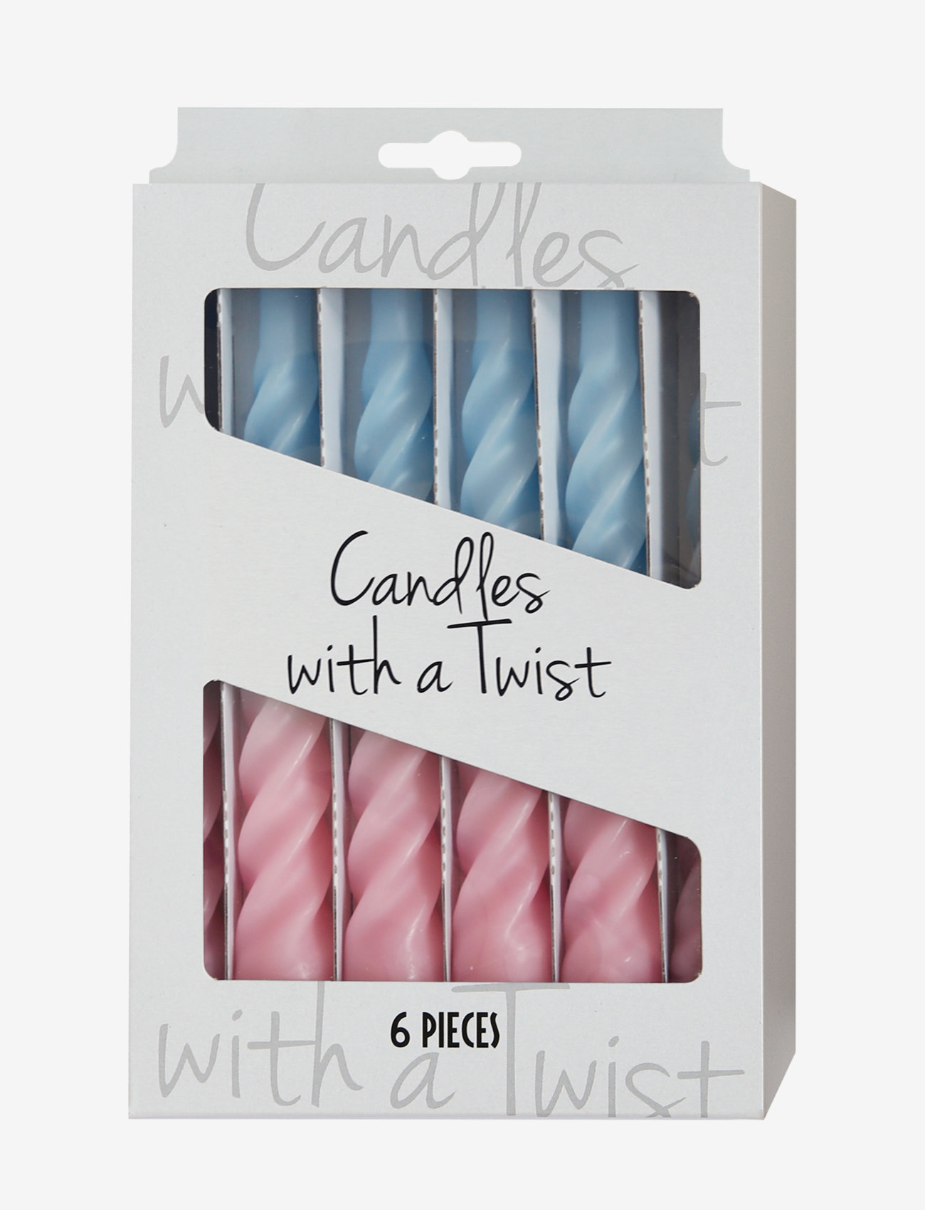 Kunstindustrien - Twisted Candles, 6 piece box, multi colored - de laveste prisene - light blue and pink with a white belt - 1
