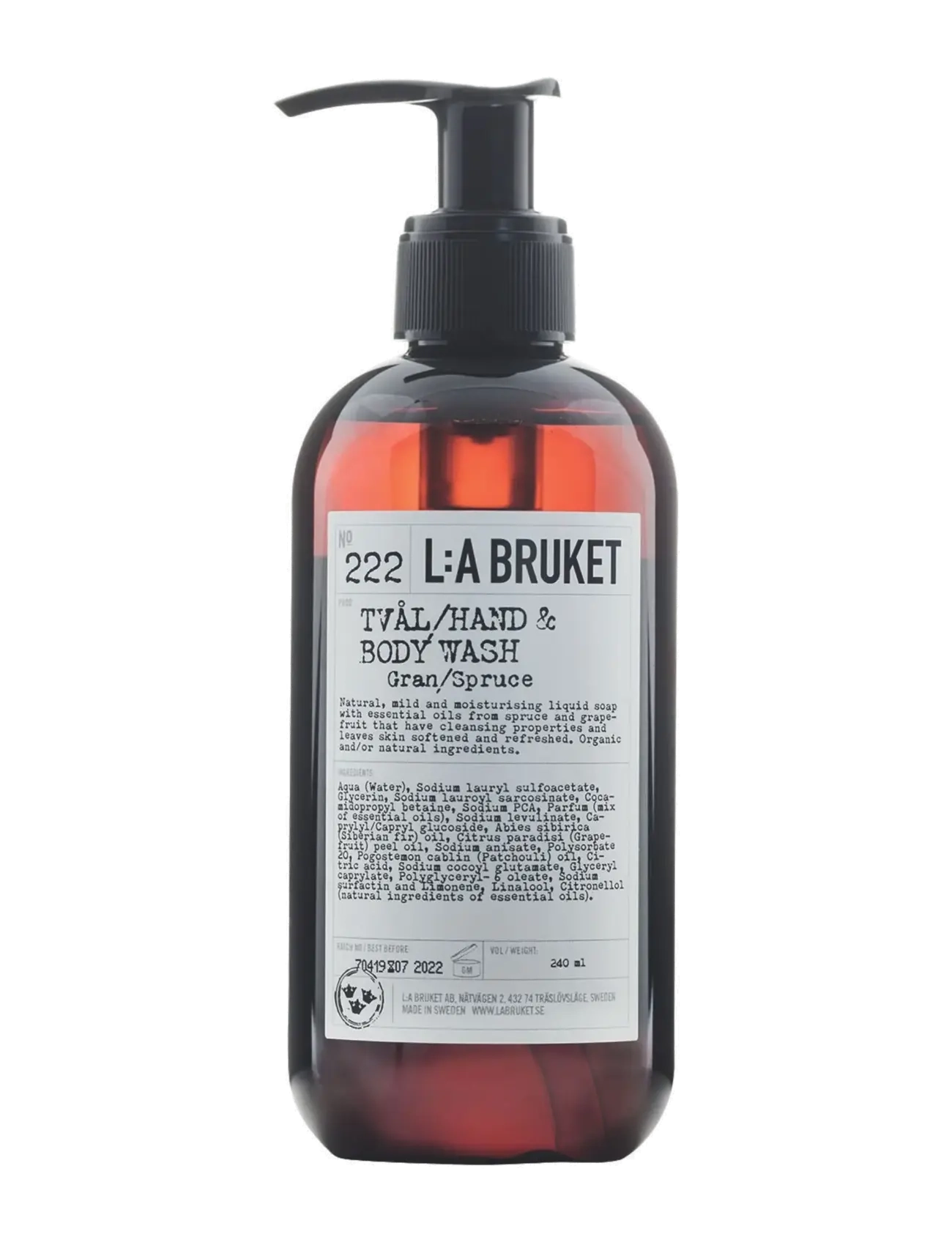 L:a Bruket 222 Hand & Body Wash Spruce, Badekar og bruser, Nude, Str: 240 ml