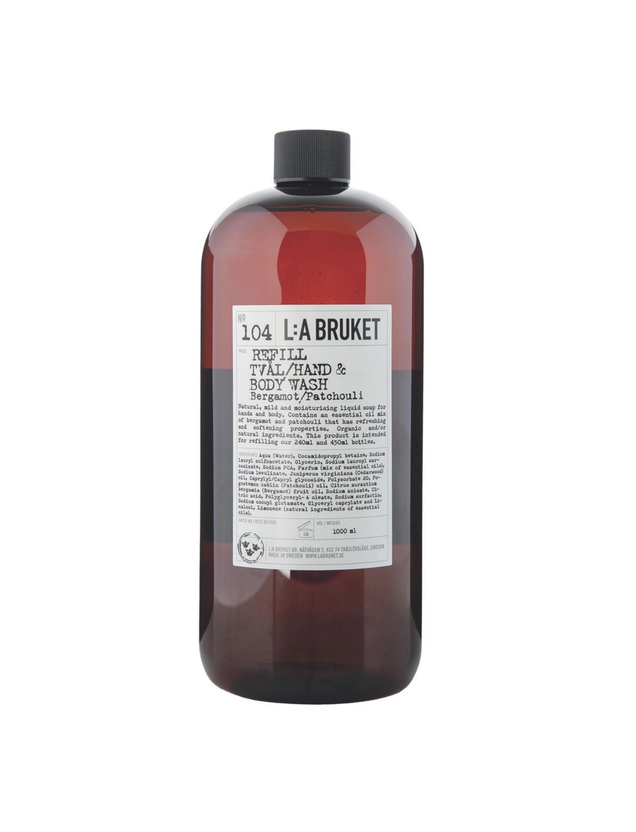 L:a Bruket 104 Refill Hand & Body Wash Bergamot/Patchouli, Badekar og bruser, Nude, Str: 1000 ml