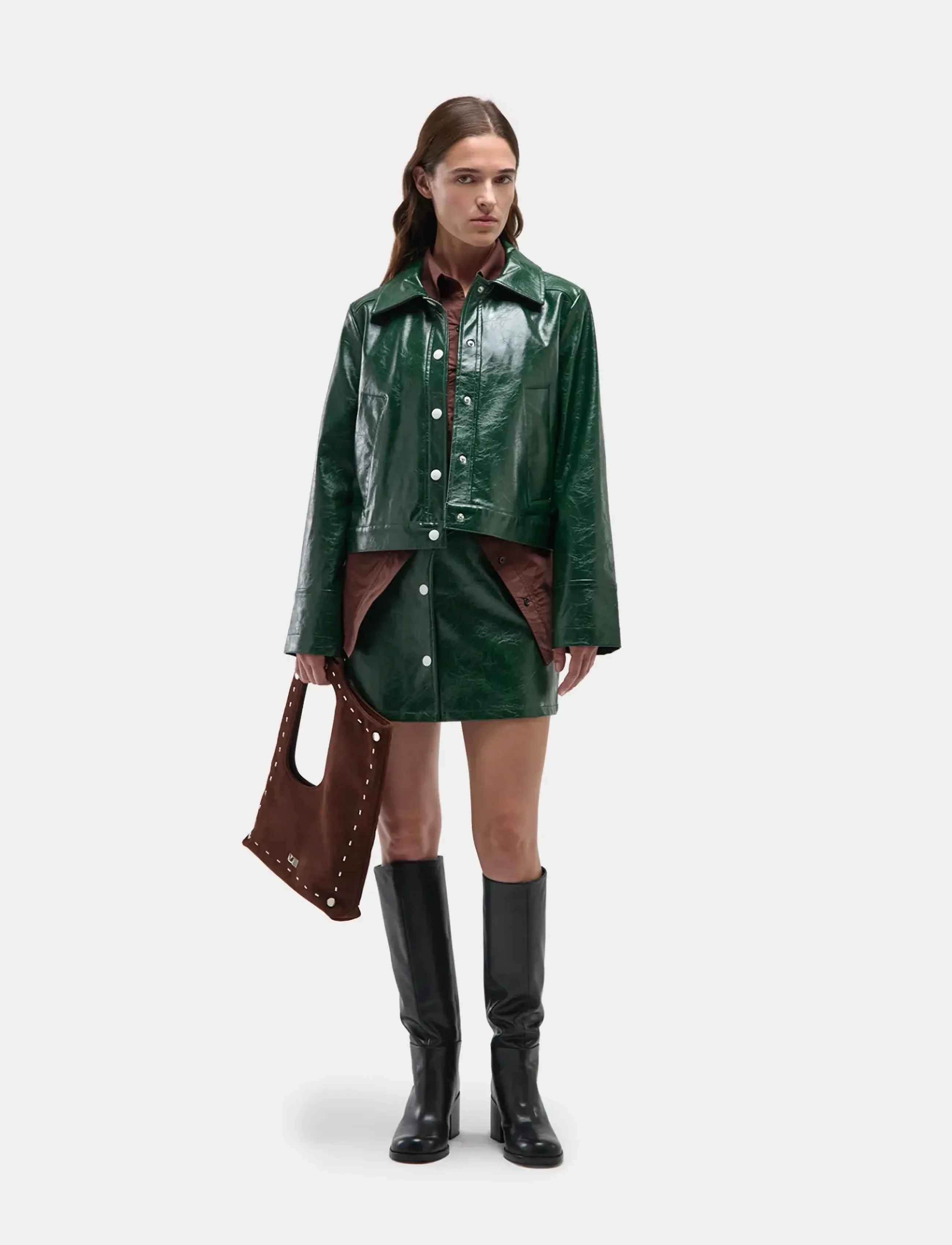 Laagam Lena Green Faux Leather Jacket, Kvinder, Kort Patent Faux Læderjakke, Grøn, Str: L