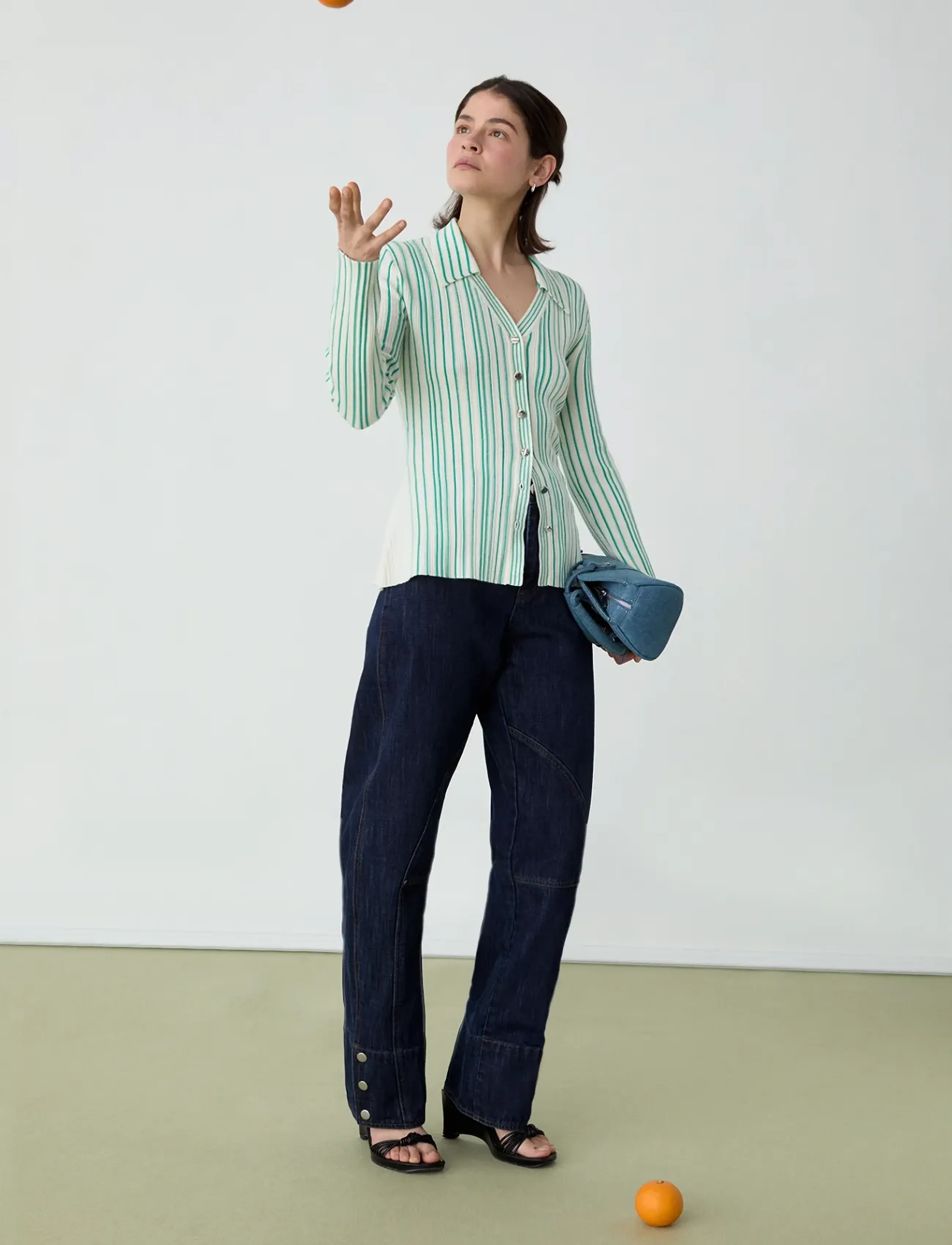 Laagam Giulia Green Striped Knitted Top, Kvinder, Stribet Strikket Top, Grøn, Str: M