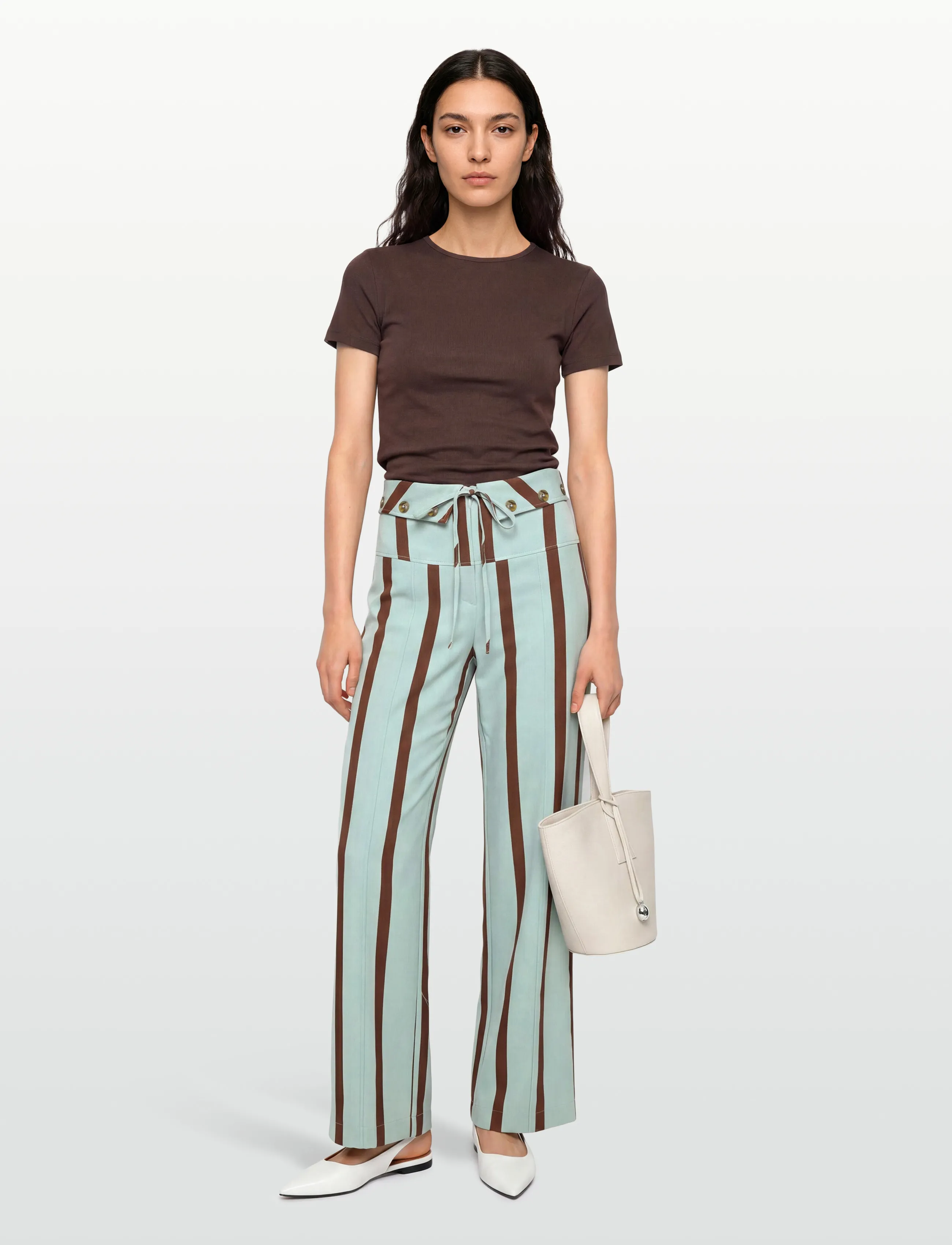 Laagam Tashi Turquoise Striped Flow Pants, Kvinder, Højtaljede Stribede Løse Bukser, Blå, Str: M