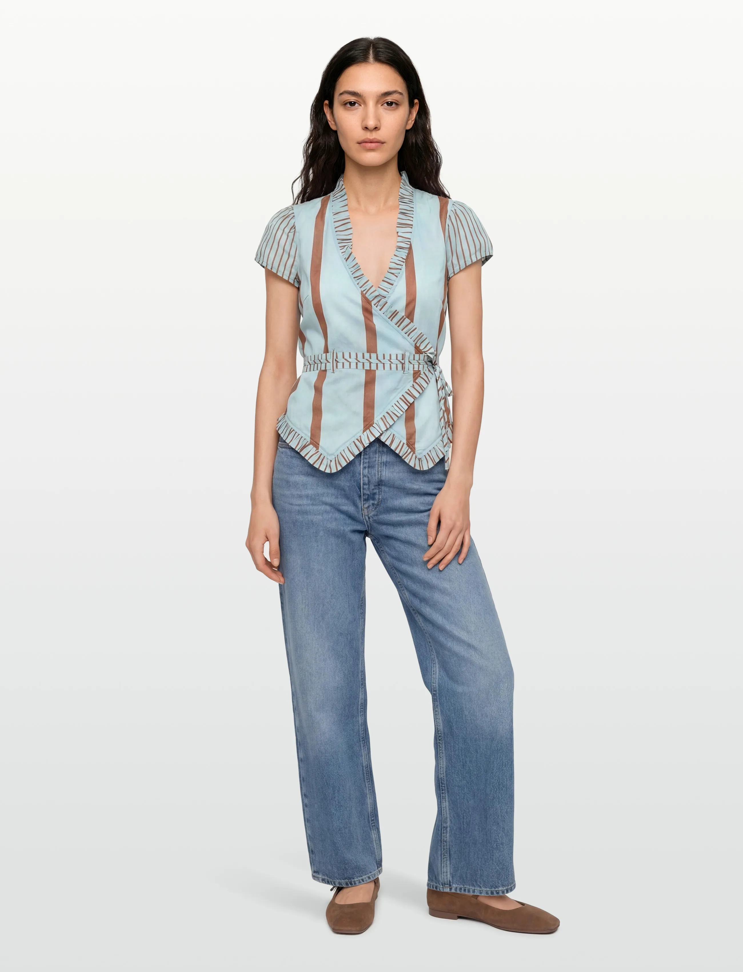 Laagam Atena Turquoise Striped Wrapblouse, L, Blue, Bluser > Kortærmede, Dame