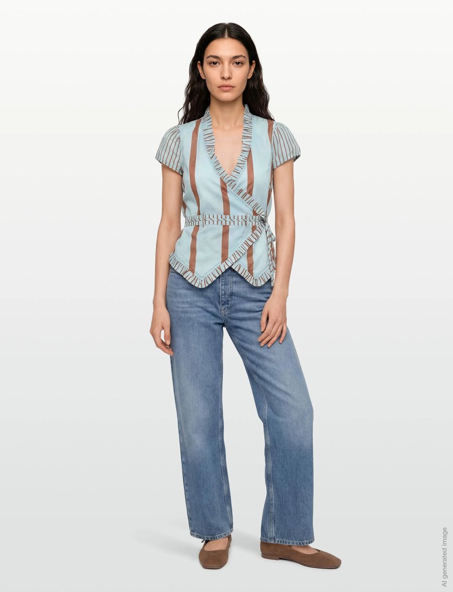 Laagam - ATENA TURQUOISE STRIPED WRAPBLOUSE - kortærmede bluser - turquoise - 0