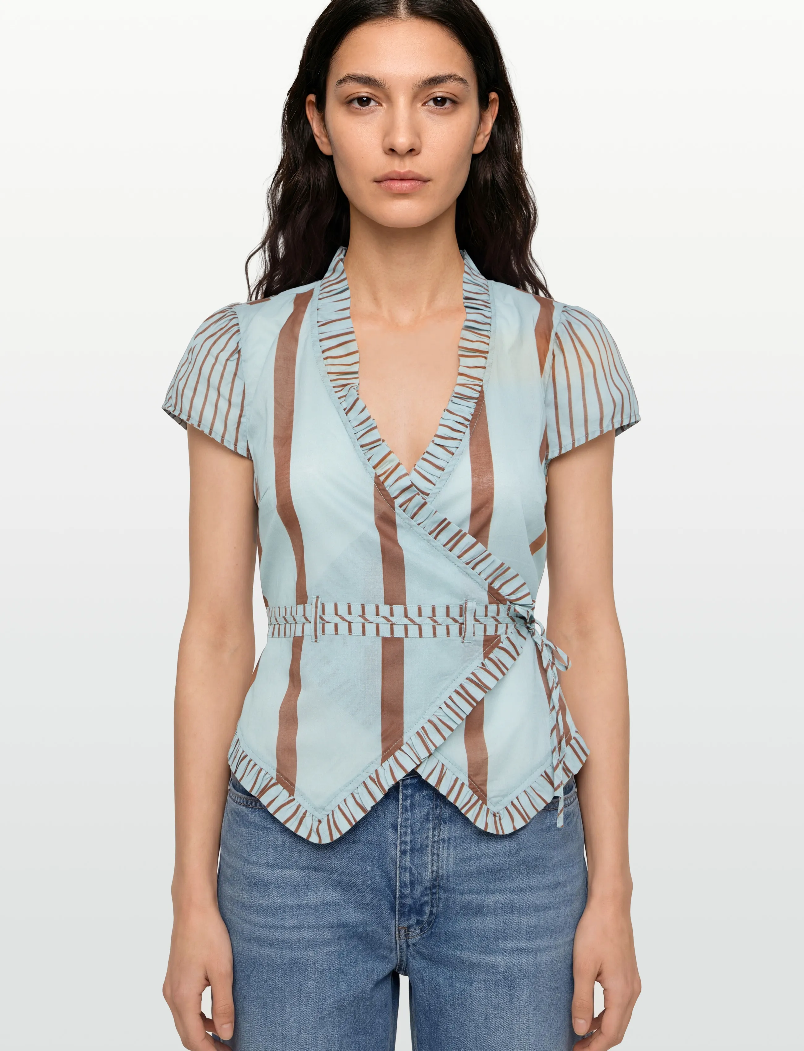 Laagam - ATENA TURQUOISE STRIPED WRAPBLOUSE - kortærmede bluser - turquoise - 2