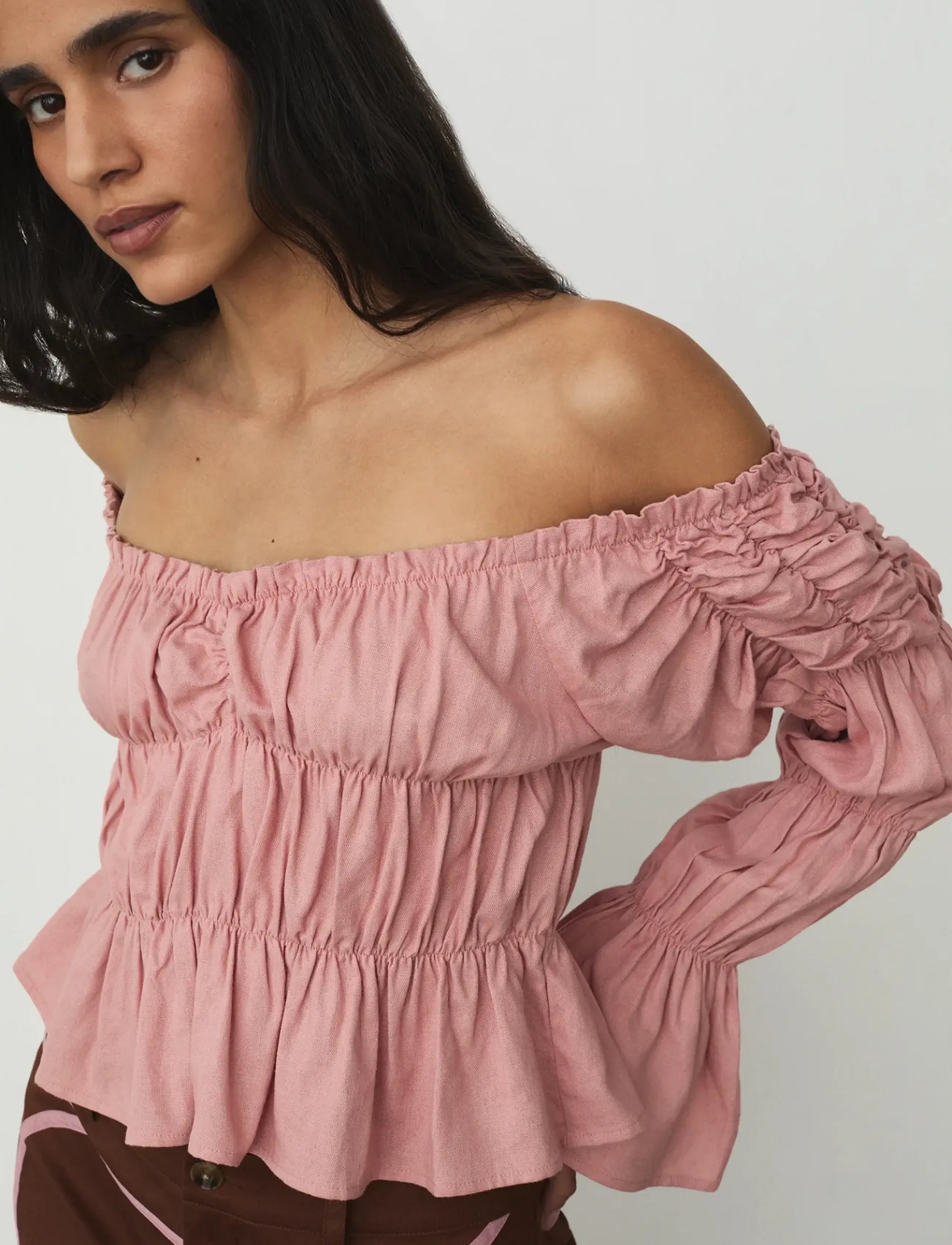 Laagam Sadie Pink Linen Ruched Blouse, Kvinder, Rynket Bluse, Pink, Str: M