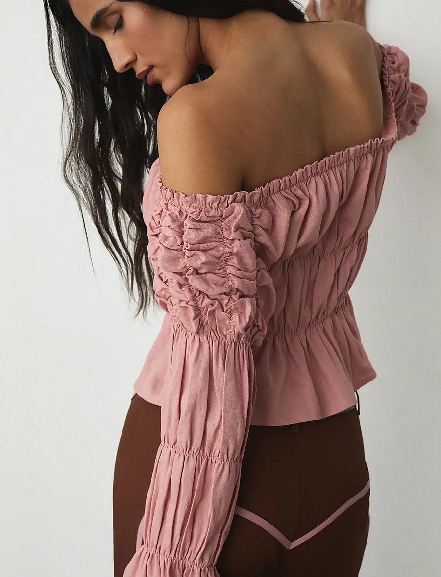 Laagam - SADIE PINK LINEN RUCHED BLOUSE - langärmelige blusen - pink - 3
