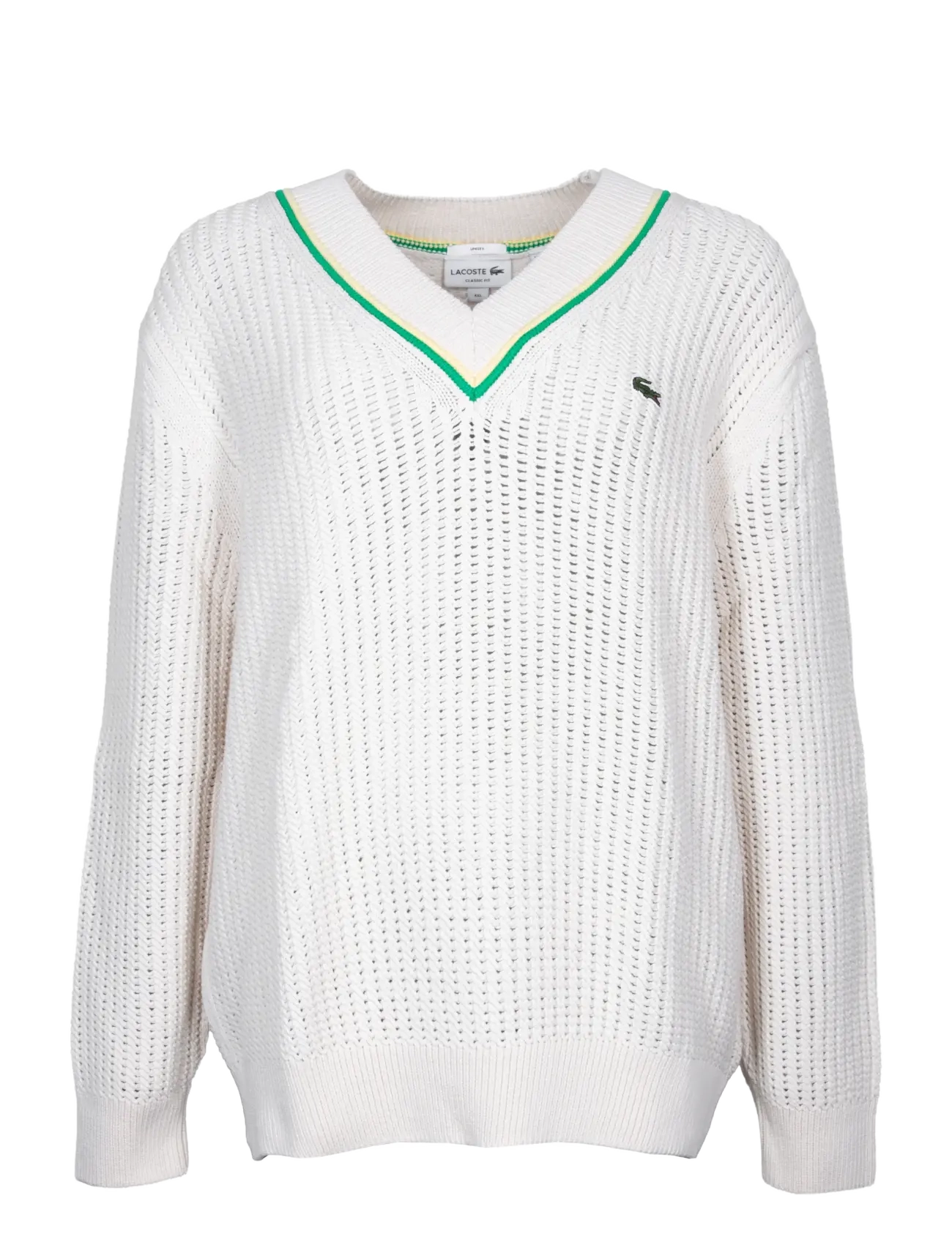 Lacoste V-Neck Striped Tennis Sweater, XXL, Cream, Strik > Trøjer, Dame