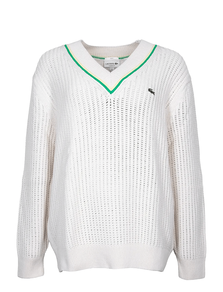 Lacoste - V-Neck Striped Tennis Sweater - pullover - cream - 0