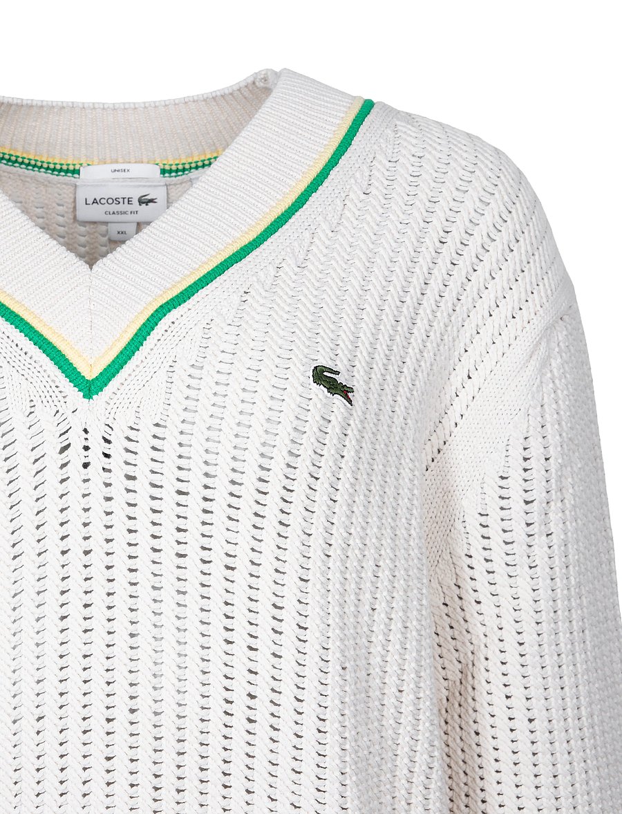 Lacoste - V-Neck Striped Tennis Sweater - pullover - cream - 2