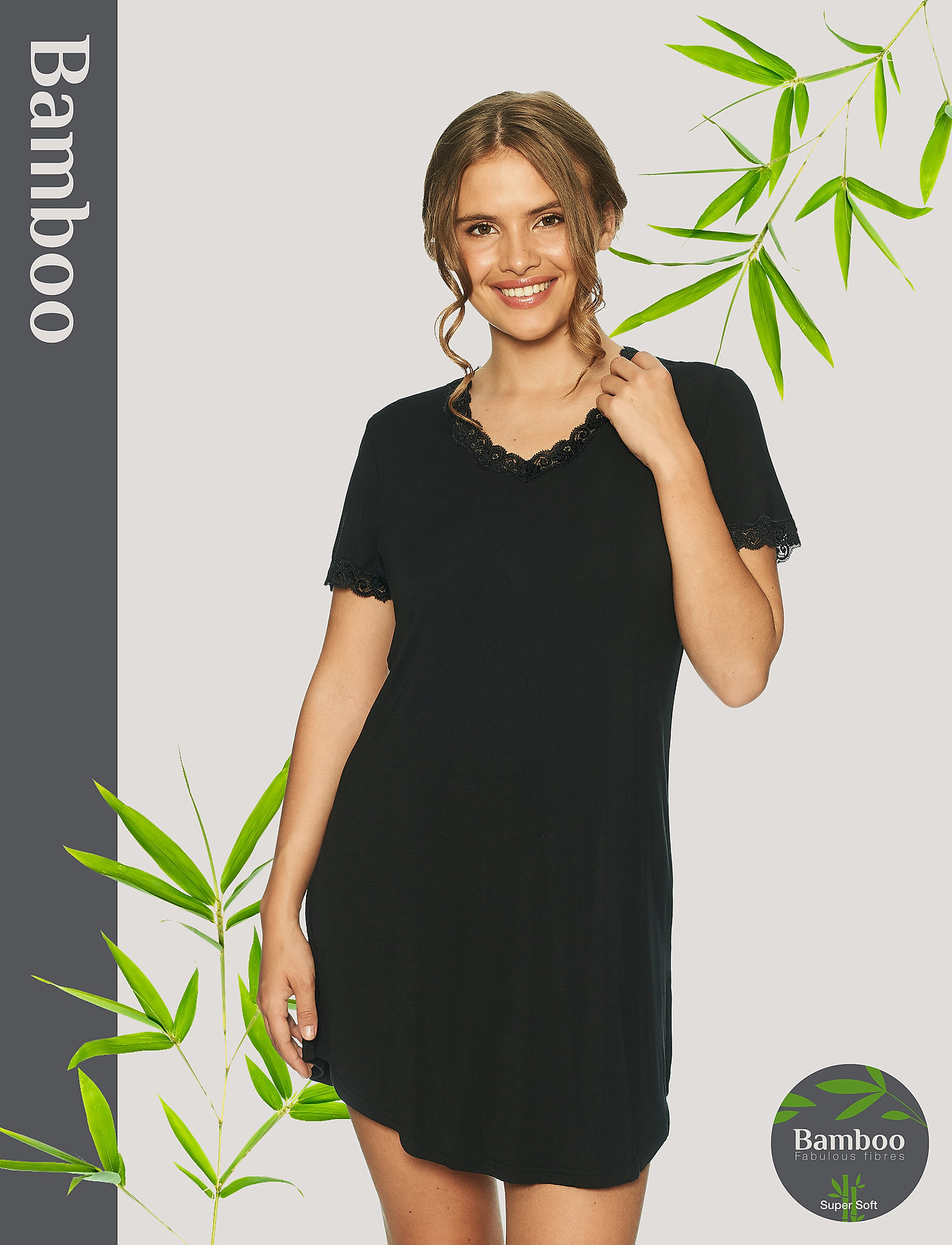 Lady Avenue - Bamboo short sleeve nightdress with - nightdresses - black - 0