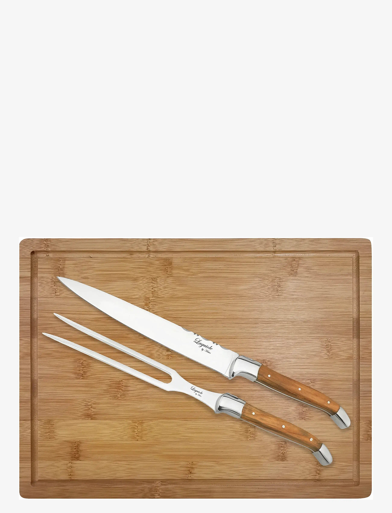Laguiole By Hâws - Laguiole By Hâws Carving Knife And Fork Set W/ Cutting Board Olive - carving knives - brown - 0