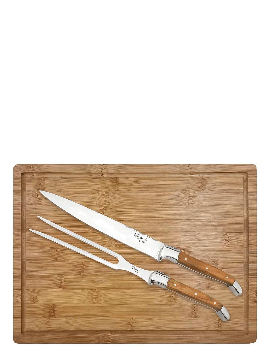 Laguiole By Hâws - Laguiole By Hâws Carving Knife And Fork Set W/ Cutting Board Olive - tranchiermesser - brown - 1