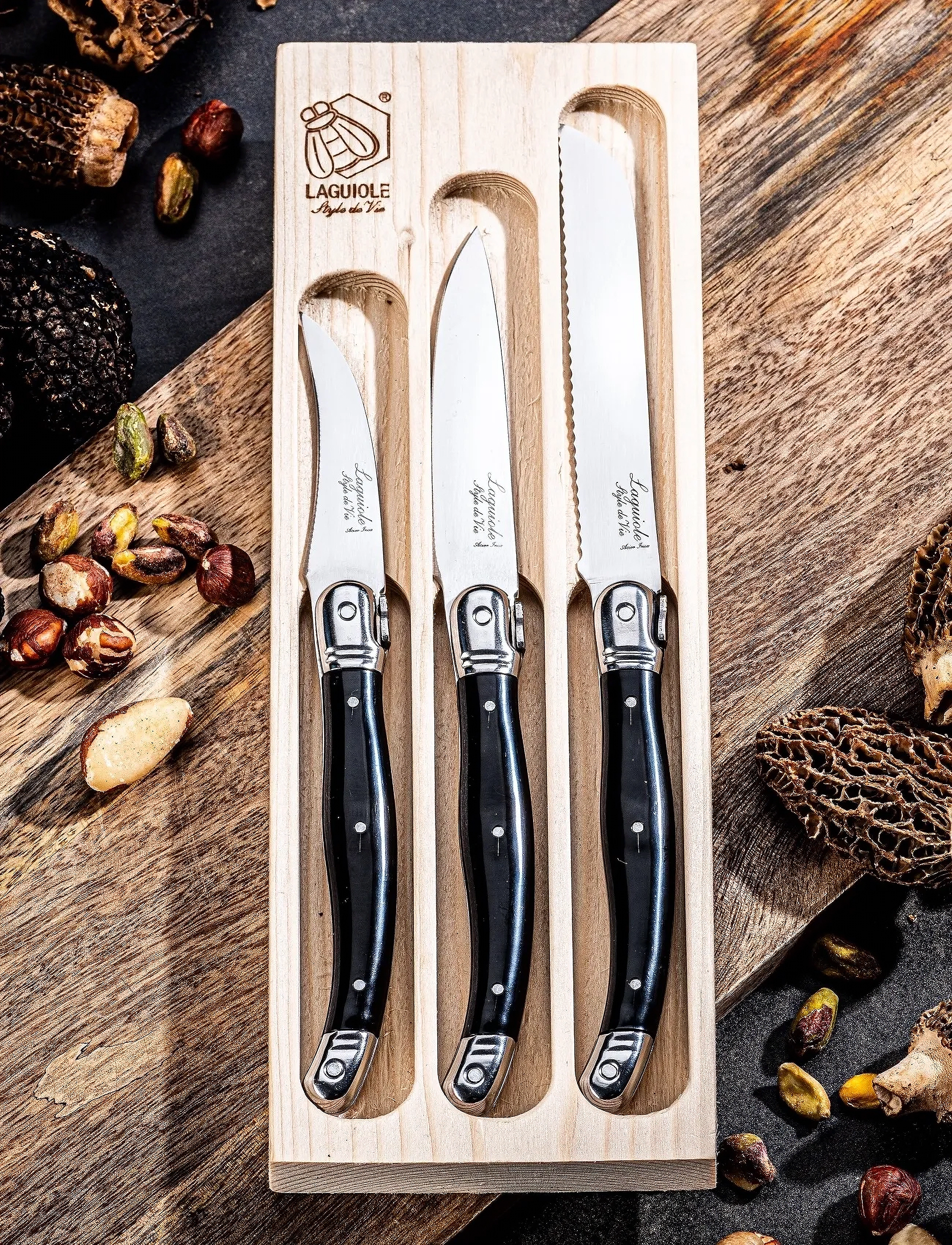 Laguiole Style de Vie Køkkenknive 1012 3-Delt Sæt Laguiole, 26.2X9.5X1.9 cm, Cutlery, Schwarz - Knives, Homeware