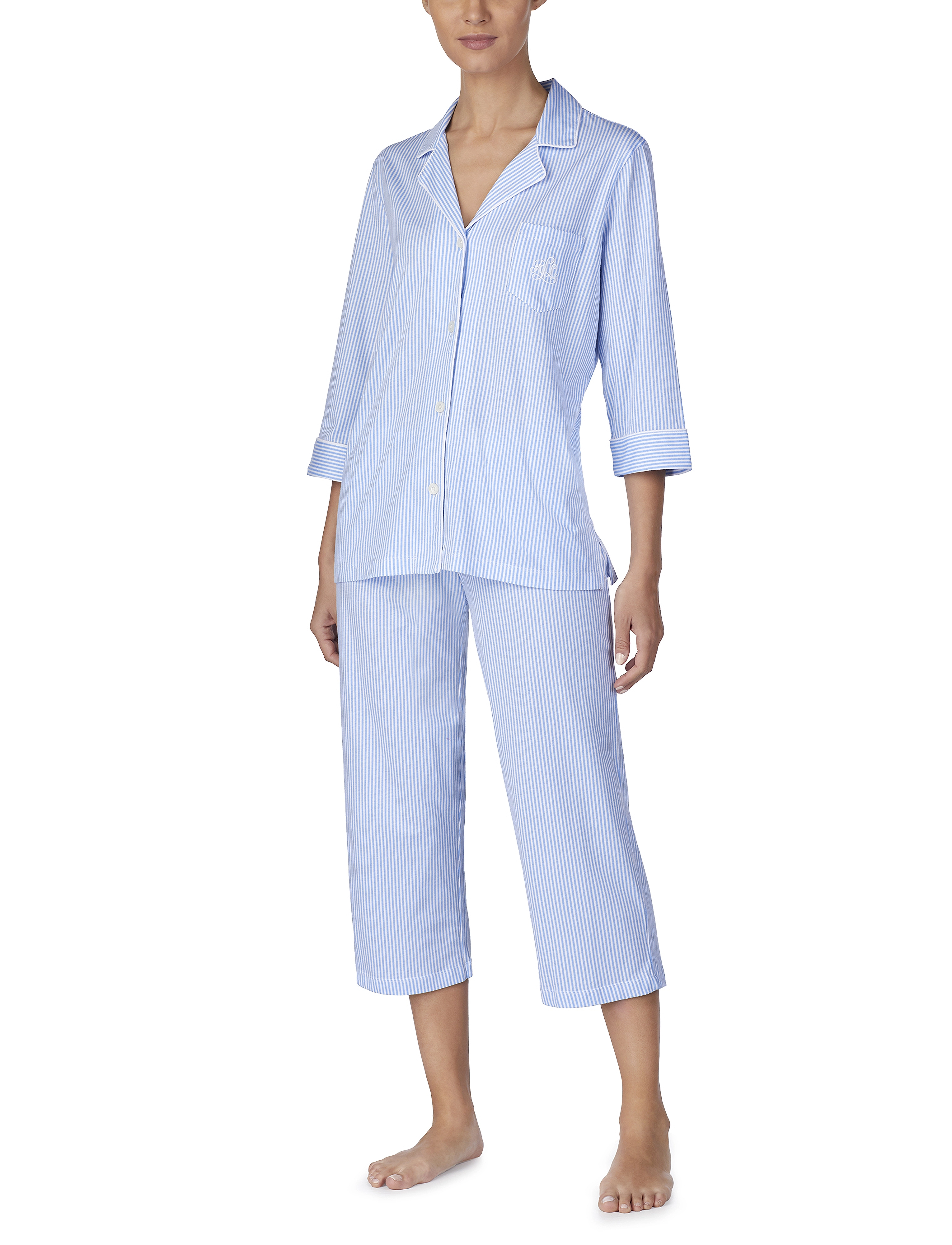 Lauren Ralph Lauren Homewear Lrl Heritage 3/4 Sl Classic Notch Pj Set, Kvinder, 3/4 Ærme Pyjamas Sæt, Blå, Str: XS