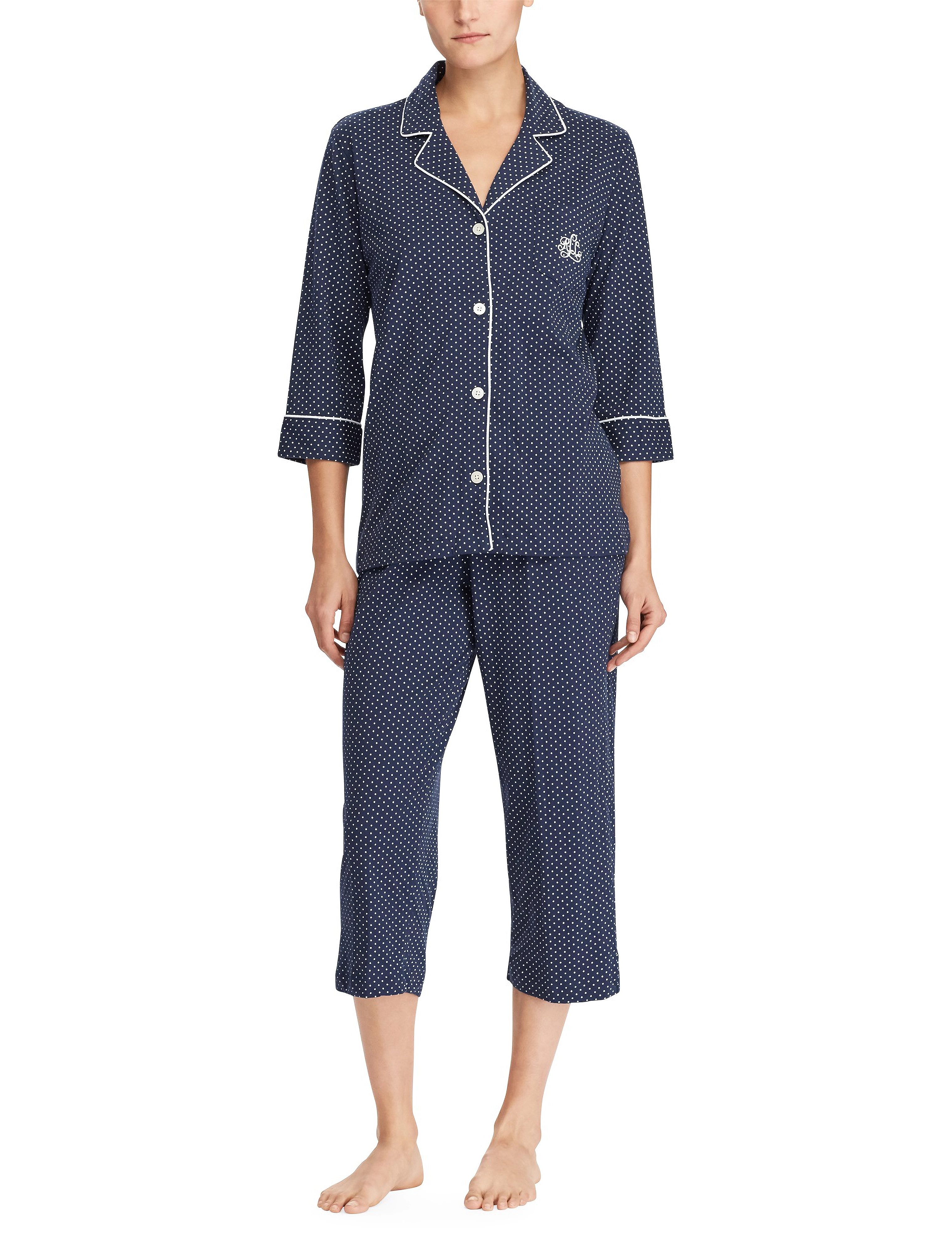 Lauren Ralph Lauren Homewear Lrl Heritage 3/4 Sl Classic Notch Pj Set, Kvinder, 3/4 Ærme Pyjamas Sæt, Blå, Str: XS