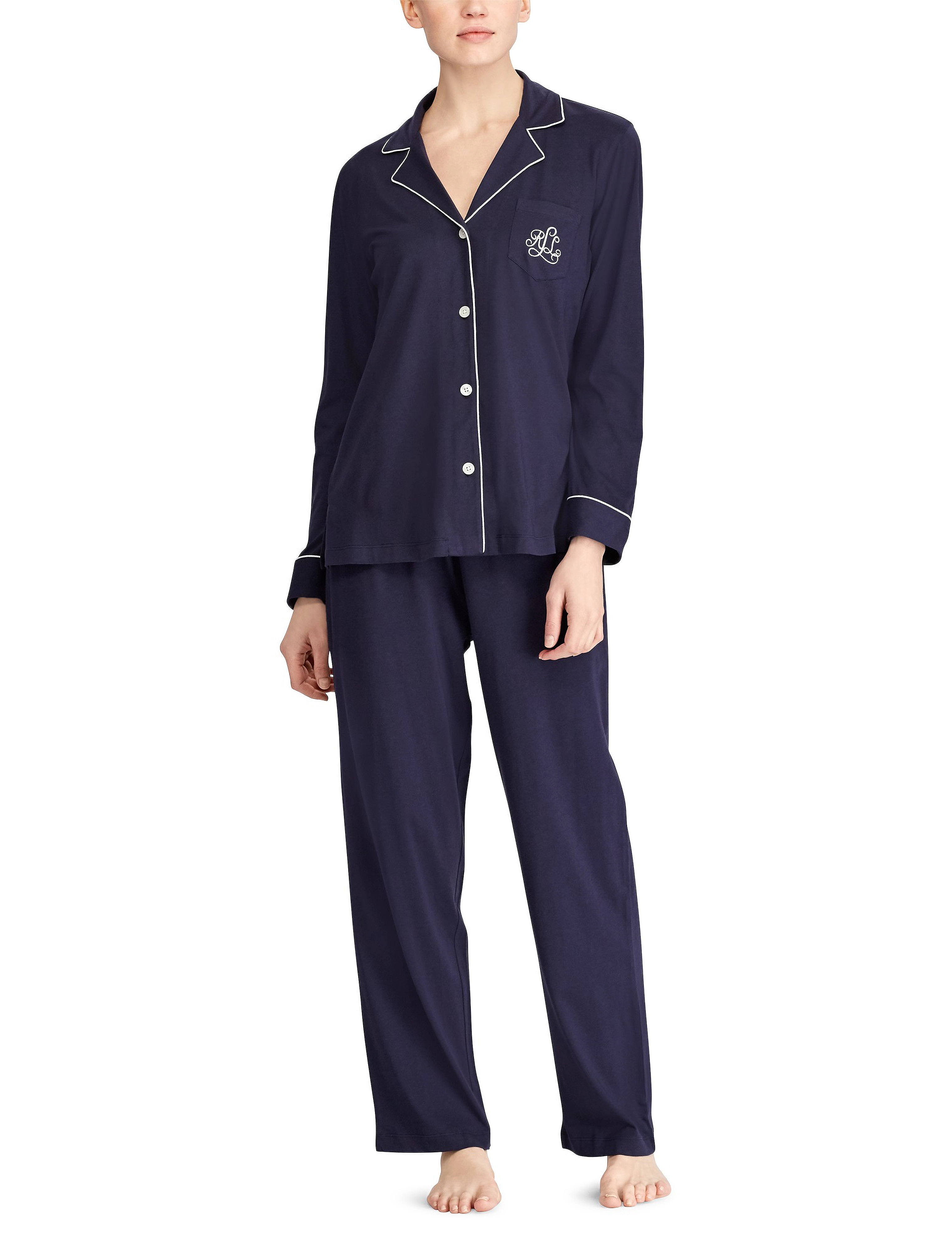 Lauren Ralph Homewear Lrl Hammond Knit Collar Pj Set, M, Night & Loungewear, Marineblau - Pyjamas, Frauen