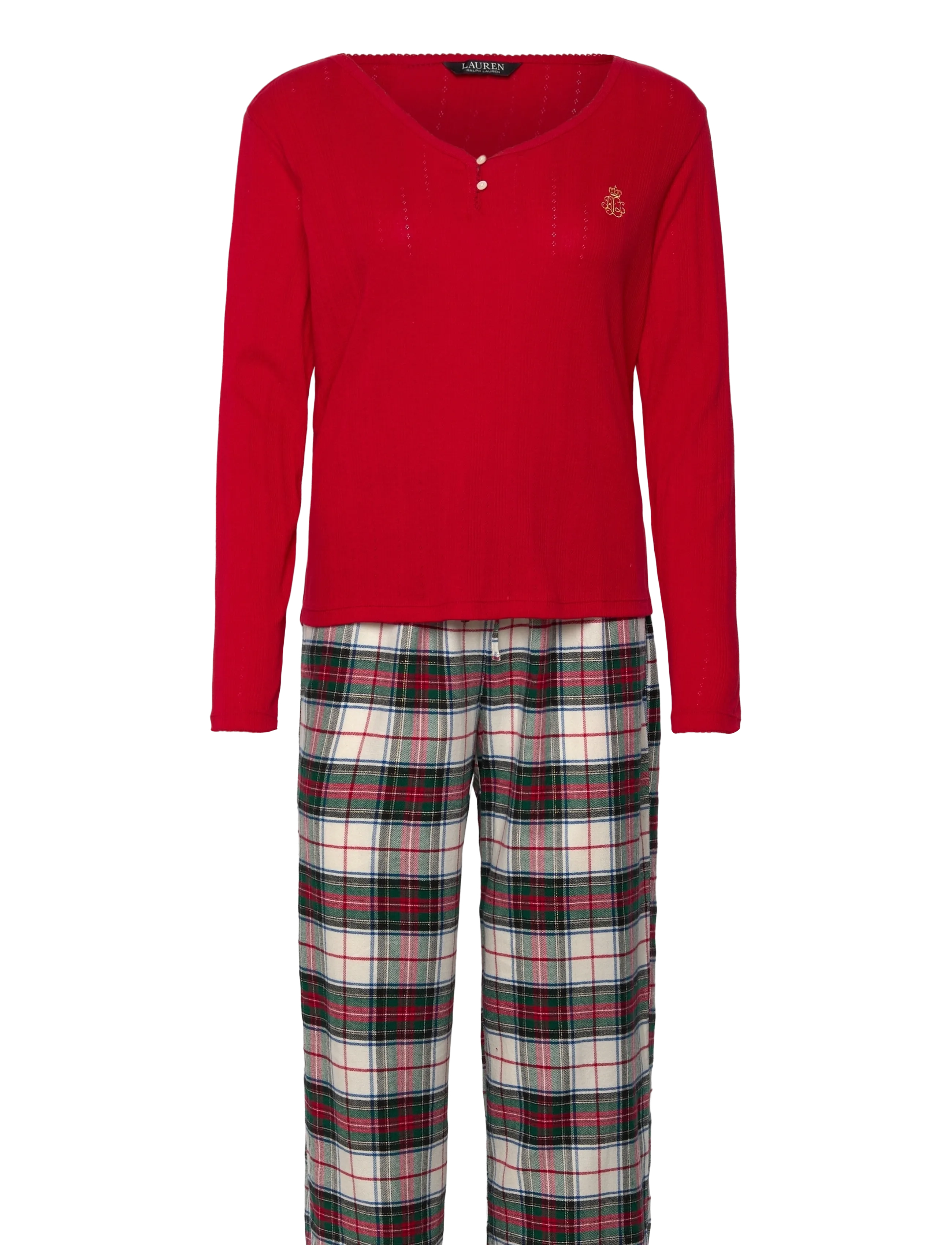 Lauren Ralph Lauren Homewear LRL L/s knit top long pant pj set - Pidžaamad - CREAM PLAID / red