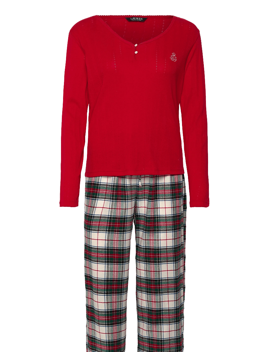 Lauren Ralph Lauren Homewear - LRL L/s knit top long pant pj set - pyjamas - cream plaid - 1