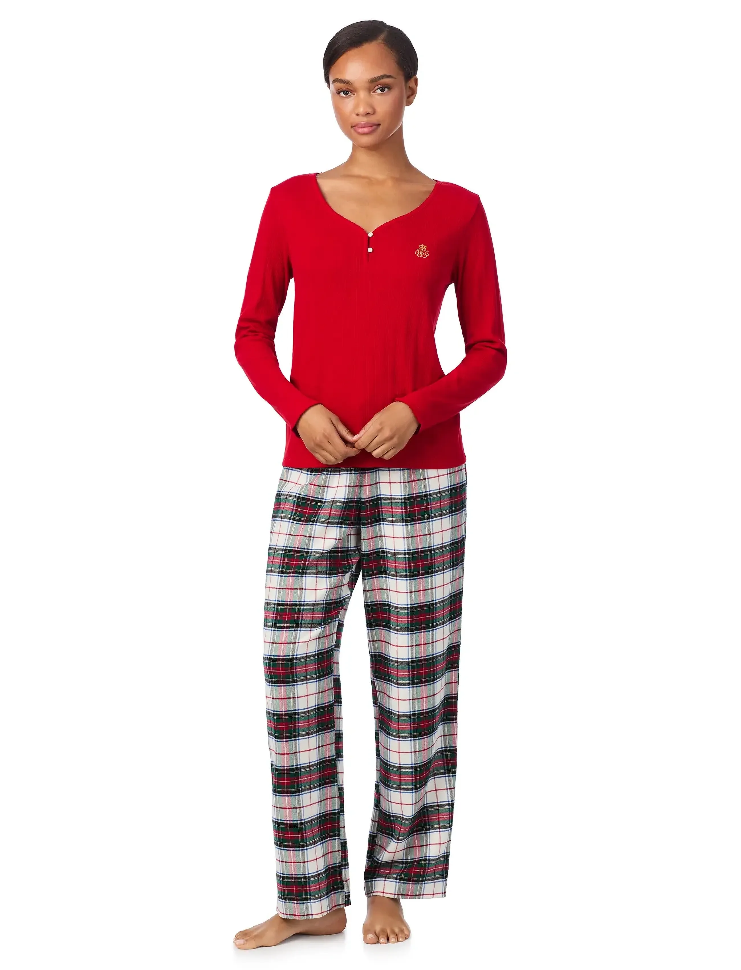 Lauren Ralph Homewear Lrl L/S Knit Top Long Pant Pj Set, XS, Night & Loungewear, Rot - Pyjamas (set), Frauen