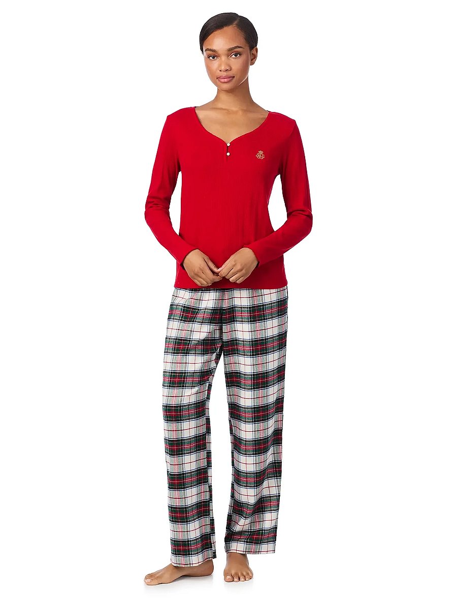 Lauren Ralph Lauren Homewear - LRL L/s knit top long pant pj set - pyjamas - cream plaid - 0