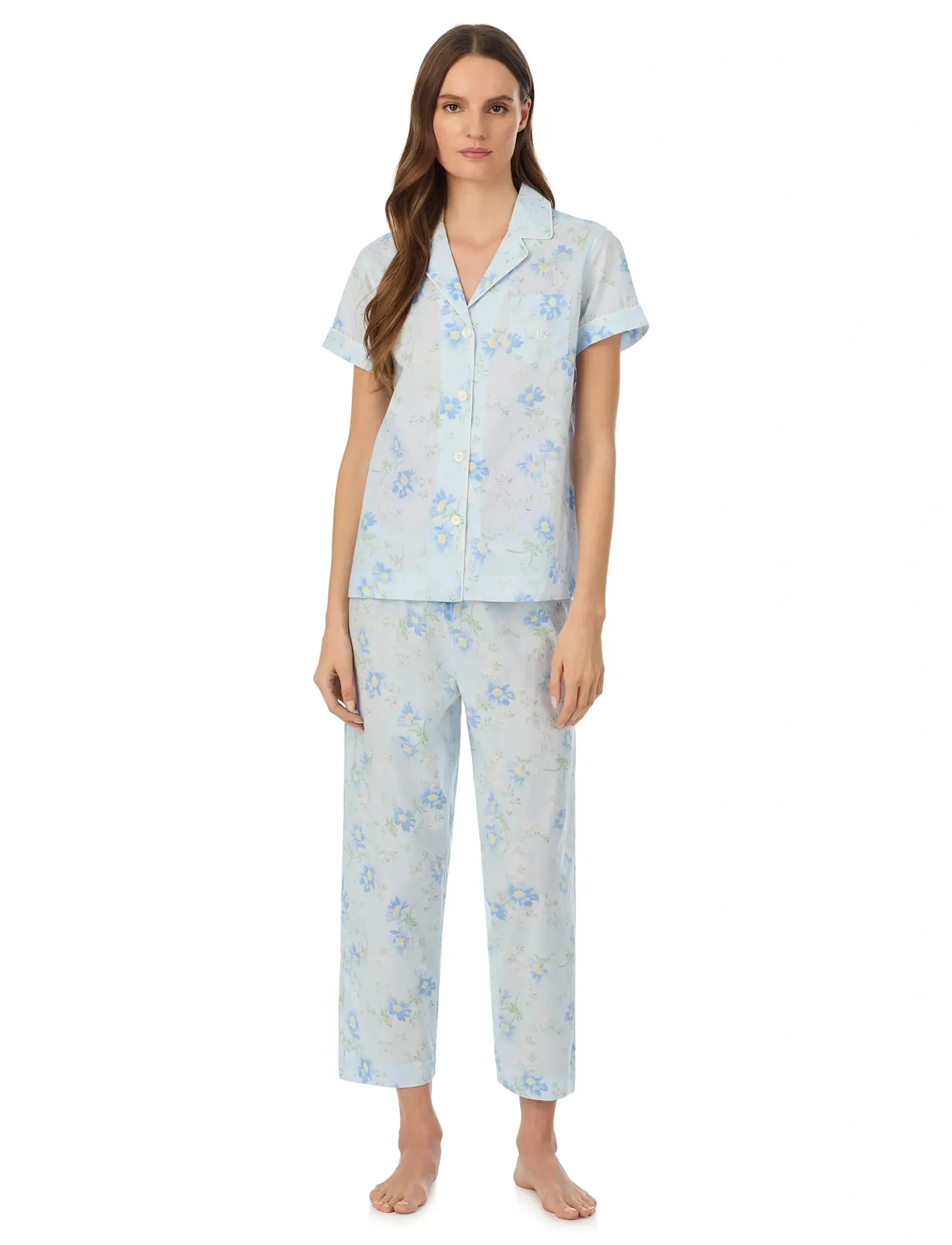 Lauren Ralph Lauren Homewear LRL S/s notch collar cropped pant p - Ralph Lauren - BLUE FLORAL / blue
